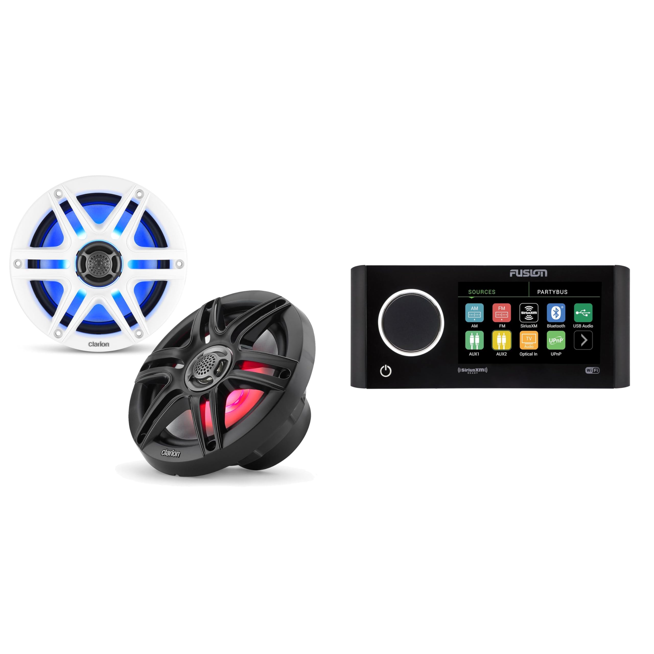 Fusion MS-RA770 Apollo Source Unit w/Clarion CMS-651RGB-SWB 6.5-inch Coaxial Marine Speakers with Built-in RGB Illumination (Includes White & Black Sport Grilles)