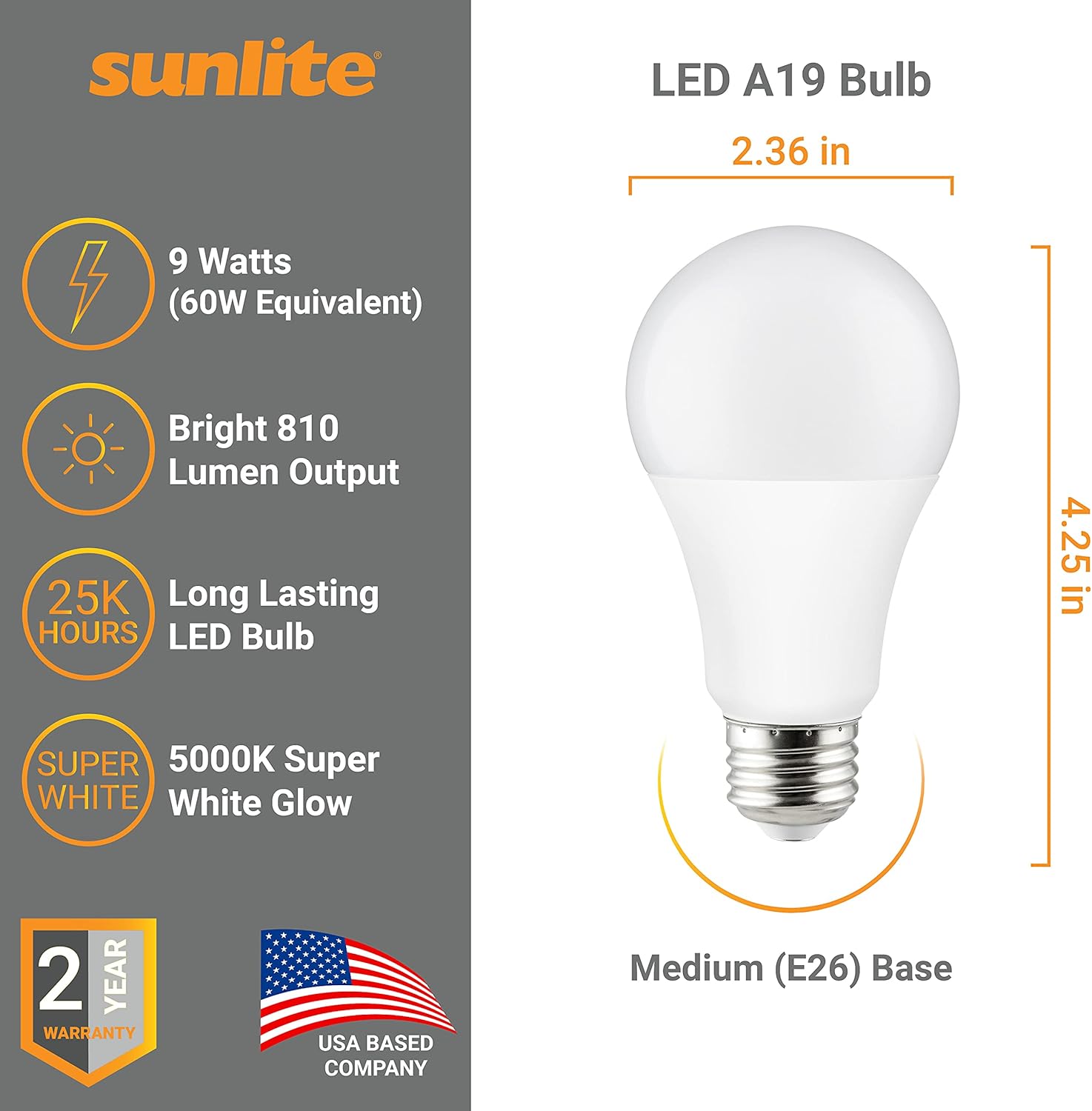 Sunlite 41600 LED A19 Light Bulb, 9 Watts (60W Equivalent), 810 Lumens, Medium E26 Base, 100-240 Multi-Volt, Non-Dimmable, Frost Glass, 5000K Super White, 6 Pack
