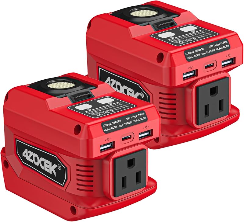 Inversor de corriente Azocek de 220 W compatible con batería Milwau-kee de 18 V | Paquete de 2, estación de energía portátil de CC de 18 V a CA de 110 V con 1 salida de CA, 2 puertos USB y 1 carga rápida tipo C, luz de trabajo LED de 400 lm