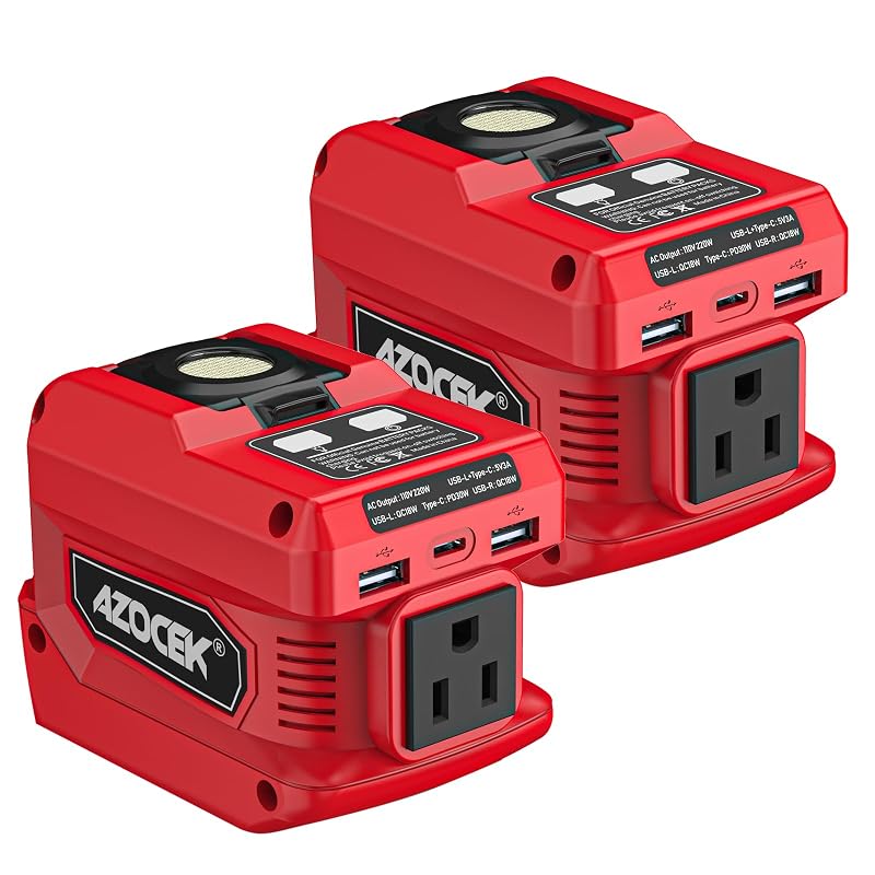 Inversor de energia Azocek 220 W para bateria Milwau-kee 18 V com USB e luz LED, vermelho, kit com 2
