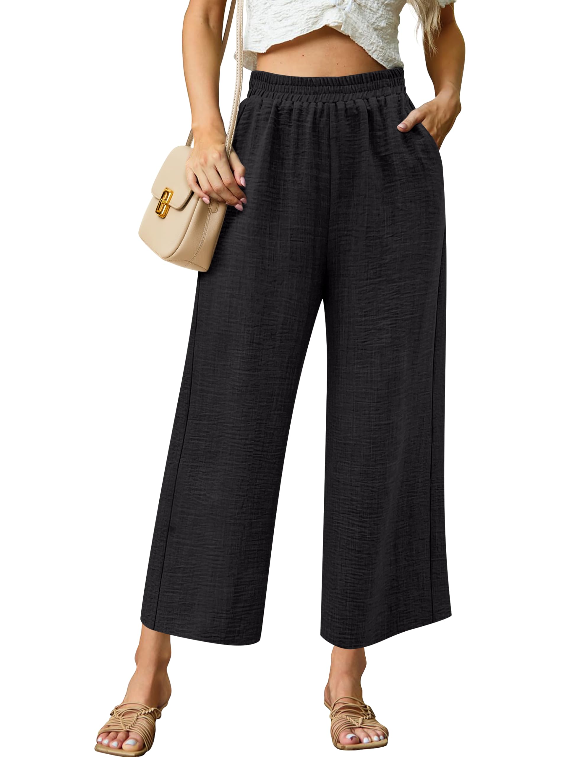Womens Wide Leg Capri Pants Summer Palazzo Dressy Casual Pant Beach Loose High Waist Lounge Trouser with Pockets