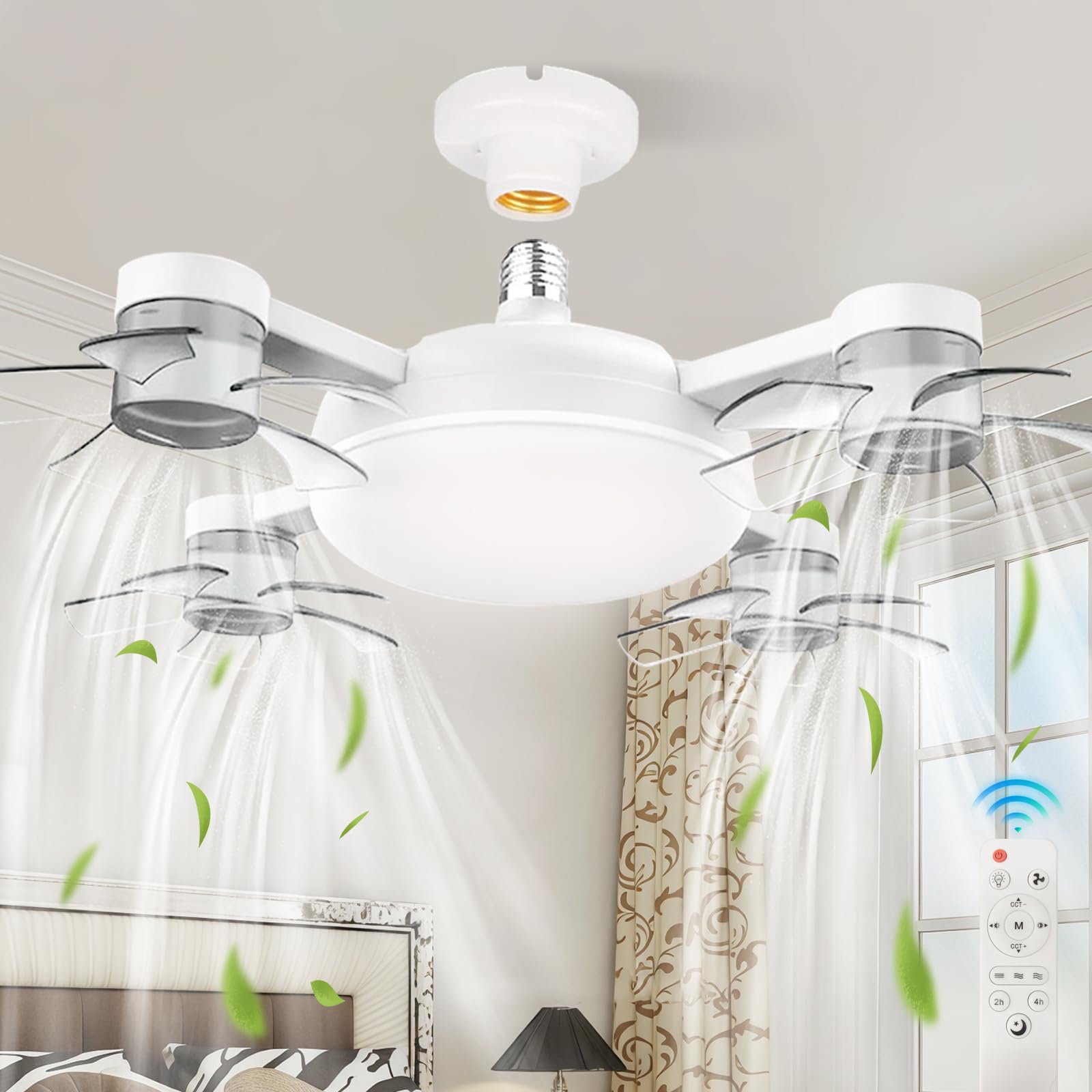 HXYSXHJUO E27 Drone-Shape Fans with Lights, Ceiling Lamps Remote, 3-Speed Quiet Fan Light Ceiling, 3-Color Dimmable LED Kit, Low Profile Mount for Bedroom, Living Room, Lounge-White