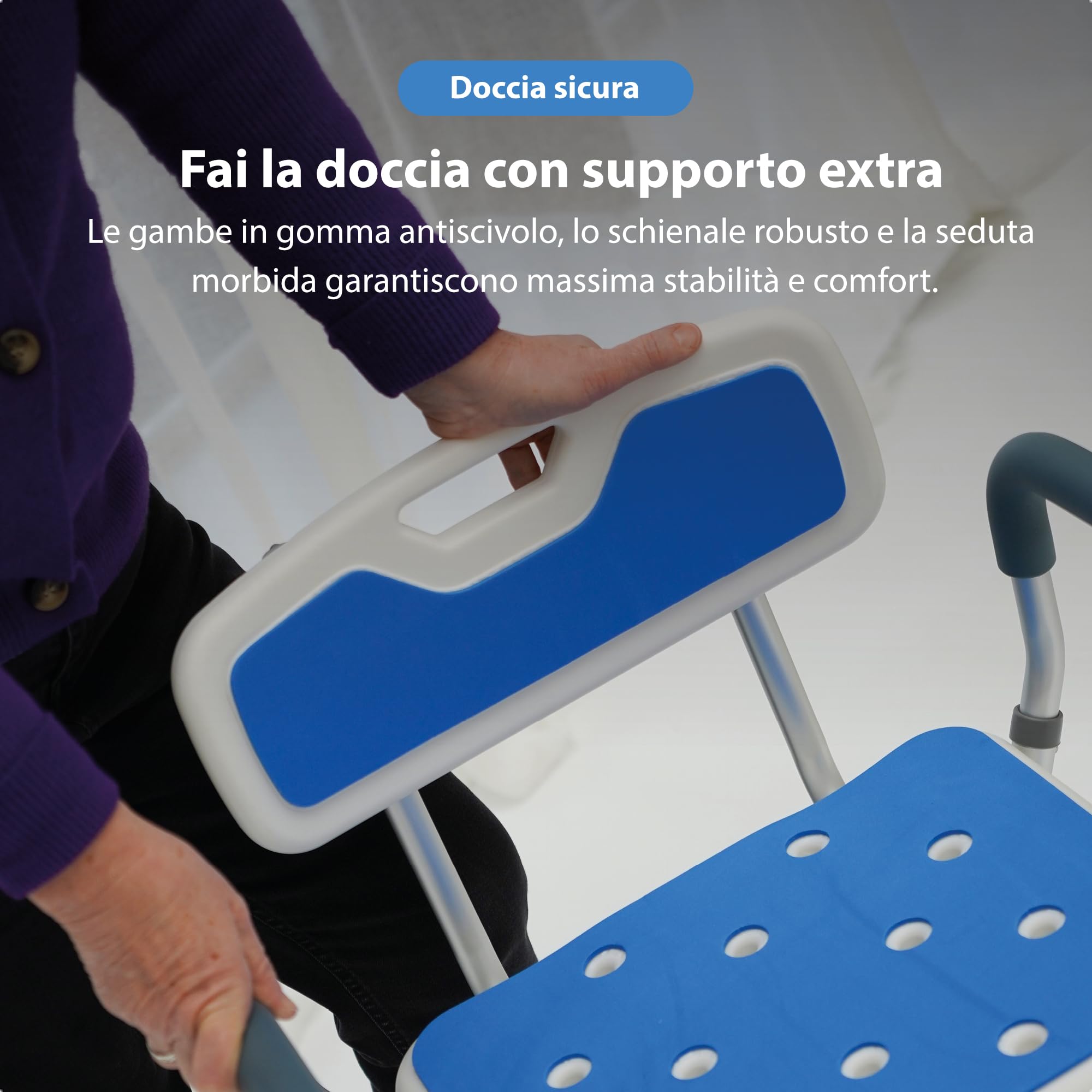 Safe Age Sedia per Doccia per Anziani - Sgabello Doccia Antiscivolo con Schienale e Braccioli Rimovibili, Regolabile in Altezza e Facile da Montare