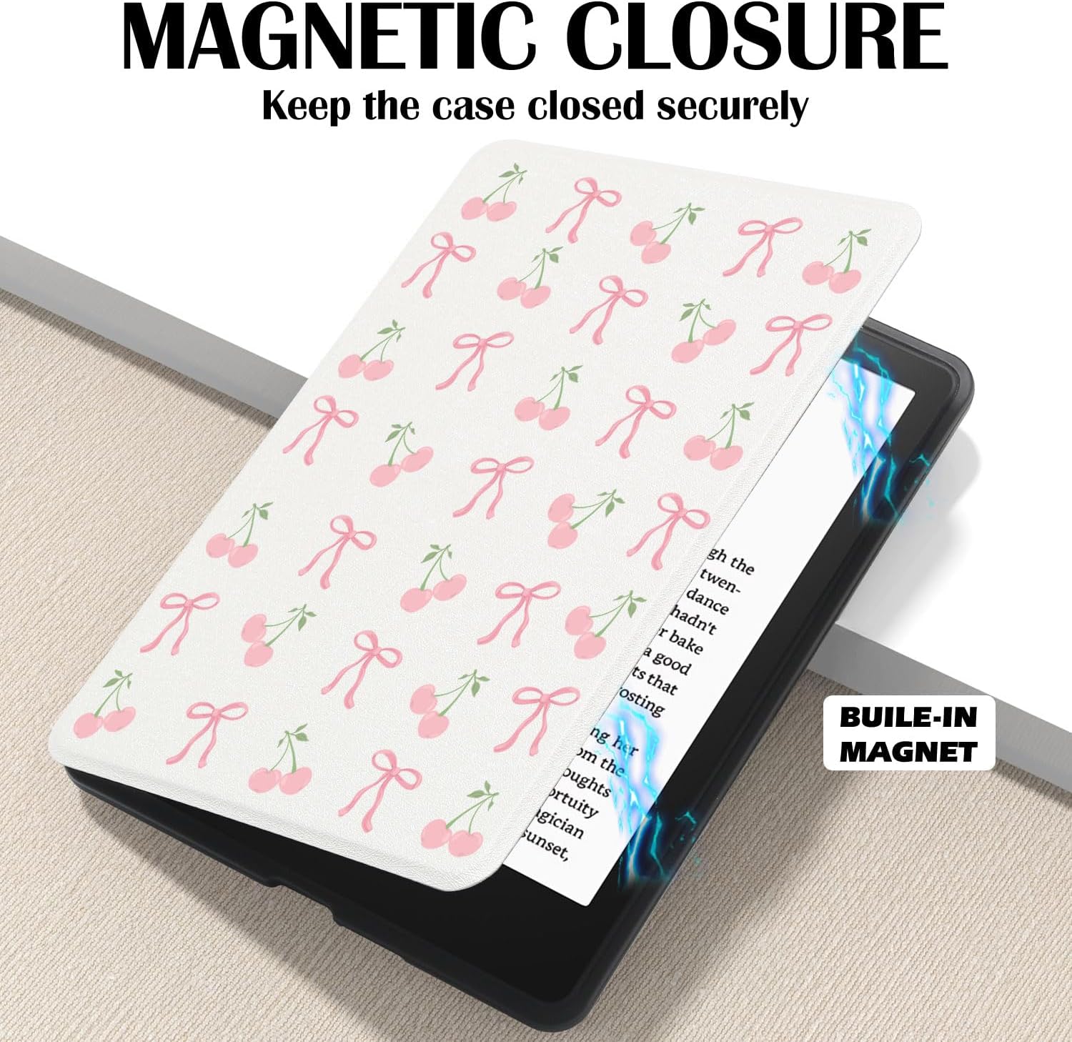 Cute Pink Bow Cherry Case for 7" Kindle Paperwhite(12Th Gen,2024)&Kindle Colorsoft Lovely Kawaii Pattern Cover with Hand Strap Soft Pu Leather Case Compatible with Kindle Auto Sleep&Wake