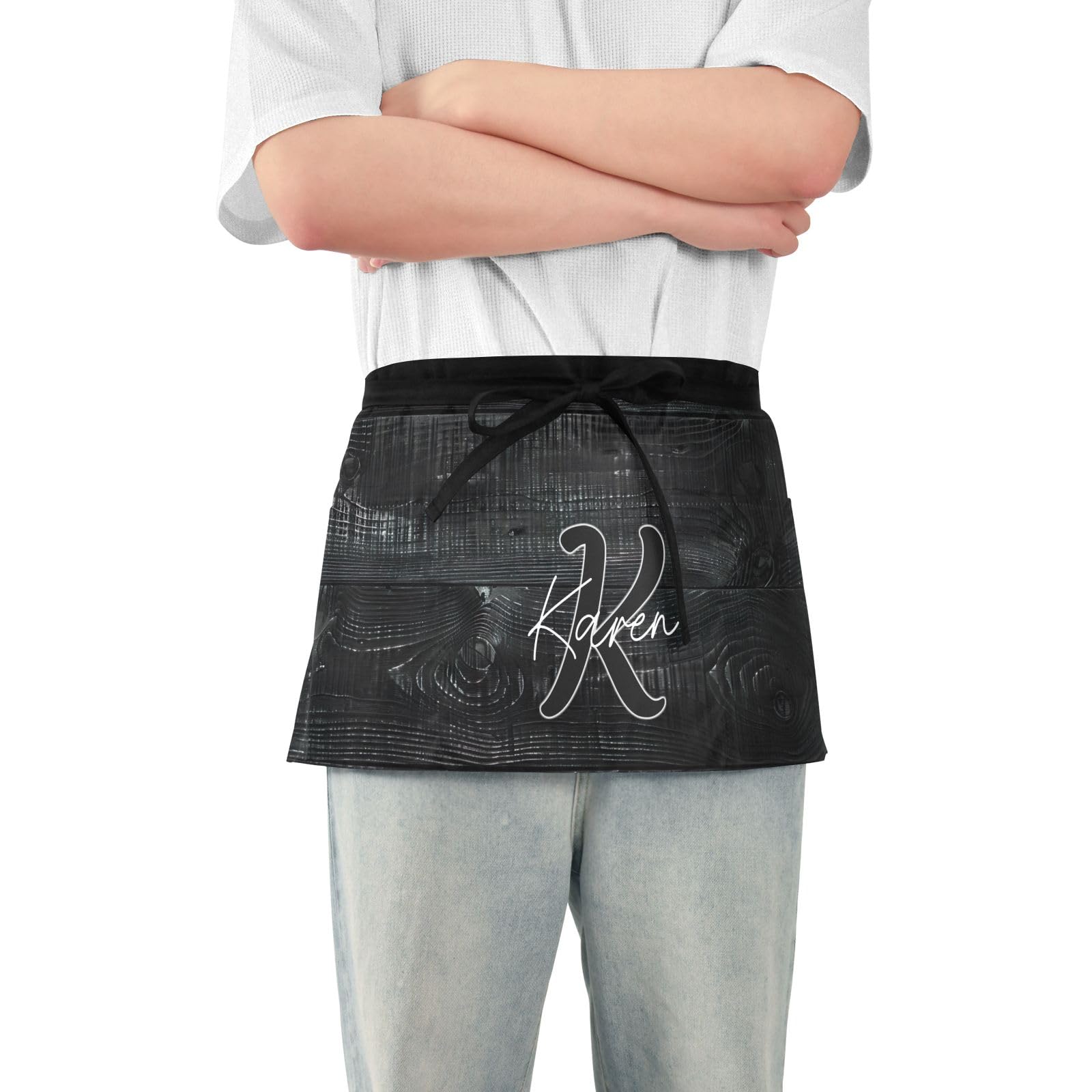 ODAWA Custom Monogram Waist Apron Personalised Text Black Wooden Teacher Waist Aprons for Women with Pockets