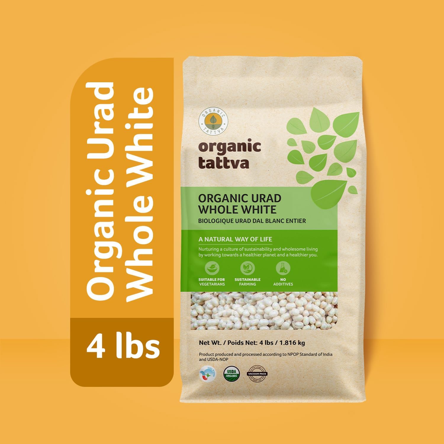 Organic Tattva White Urad Dal Whole (4 lbs) - Dried Lentils Organic, Gluten Free, Vegan & Kosher - Unpolished White Lentils Dry - Protein & Fiber Rich Plant Based Nutrition - USDA Certified Legumes