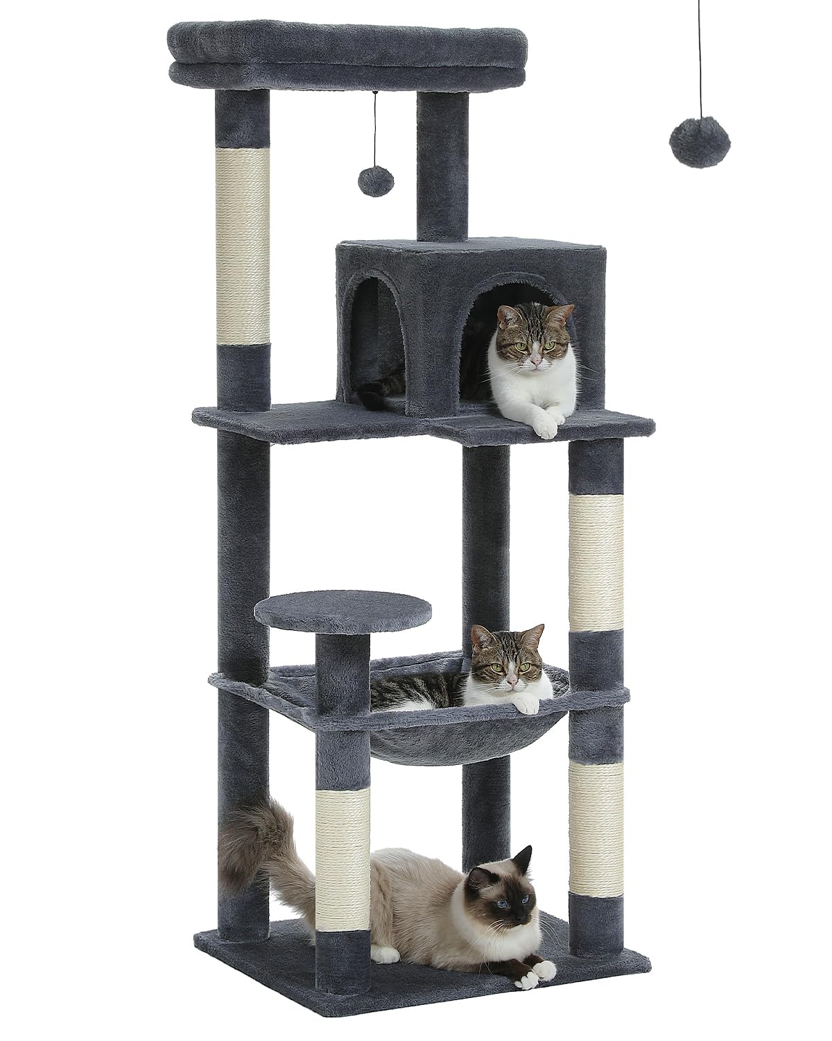 MUTTROS Cat Tree for Large Cats with Metal Plush Big Hammock, 56.3" Cat Tower for Indoor Cats with 2 Door Condo House, 6-Tier Cat Shelves with