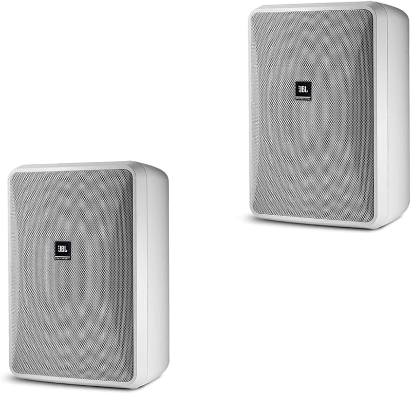 Professional CONTROL 28-1-WH wall-mounted indoor, outdoor speaker, broad sound coverage, 8 inch, 120 watt at 8Ω, high output background, foreground weatherproof speaker. Sold as a Pair. White.