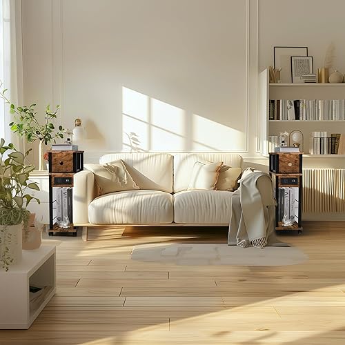 Miniatura 4 de Juego de 2 mesas auxiliares, mesa auxiliar con estación de carga y cajón, mesa auxiliar estrecha con puertos USB y salidas para espacios pequeños,