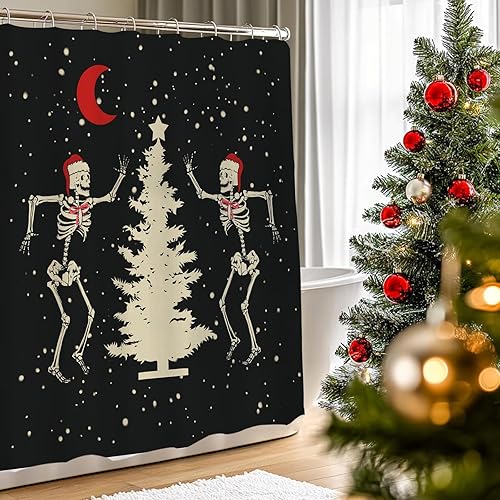 Miniatura 3 de Juego de cortinas de ducha de Navidad con diseño de árbol de Navidad, luna roja, con ganchos, decoración de baño interior de invierno, 71 x 71