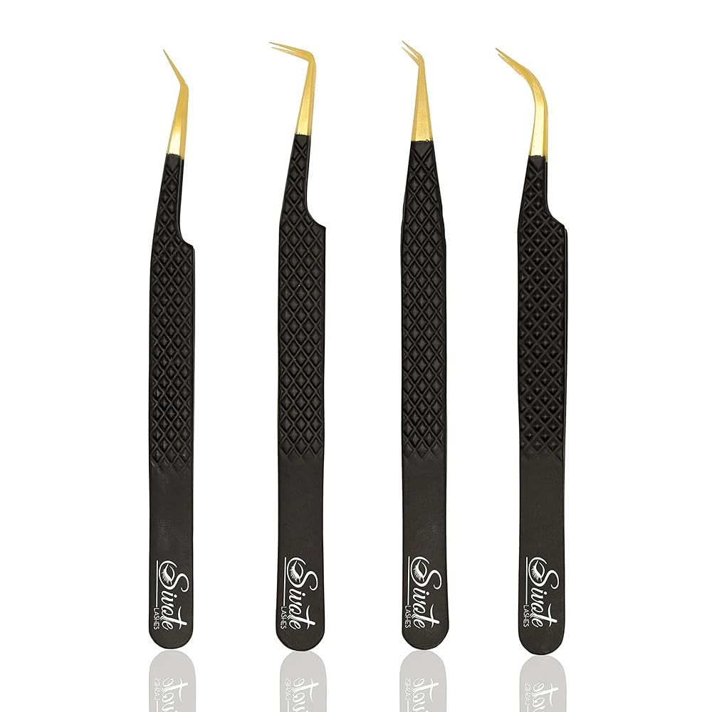SIVOTE Fiber Tip Lash Tweezers for Eyelash Extensions with Diamond Grip, Black, Set of 4 - Precise Tips Japanese Steel for Classic, Volume & Mega Volume Lashes, Anti-Rust - Ideal for Lash Artists
