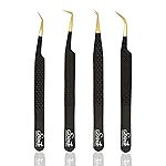 SIVOTE Fiber Tip Lash Tweezers for Eyelash Extensions with Diamond Grip, Black, Set of 4 - Precise Tips Japanese Steel for Classic, Volume & Mega Volume Lashes, Anti-Rust - Ideal for Lash Artists