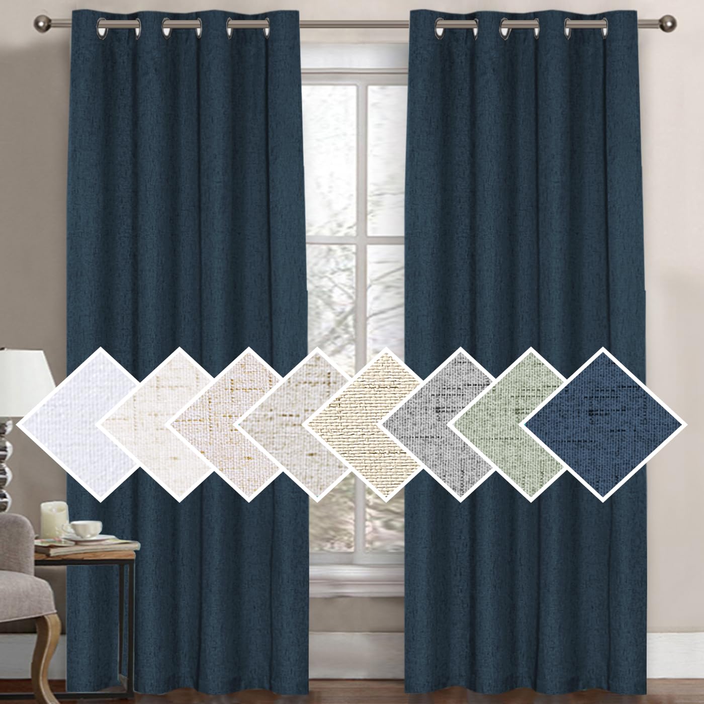 H.VERSAILTEX100% Blackout Curtain for Bedroom 84 Inches Long Grommet Linen Face Full Light Blocking Curtain Drape for Living Room Thermal Insulated Linen Look Curtain 1 Panel, 52" W x 84" L, Navy