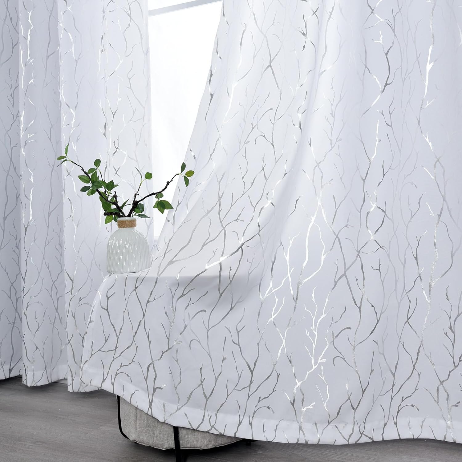 Kotile Silver White Curtains 63 Inch Length, Metallic Silver Tree Branch Shimmer White Curtains for Bedroom, Grommet Top Privacy Semi-Sheer Curtains, 52 x 63 Inch, 2 Panels, Silver White