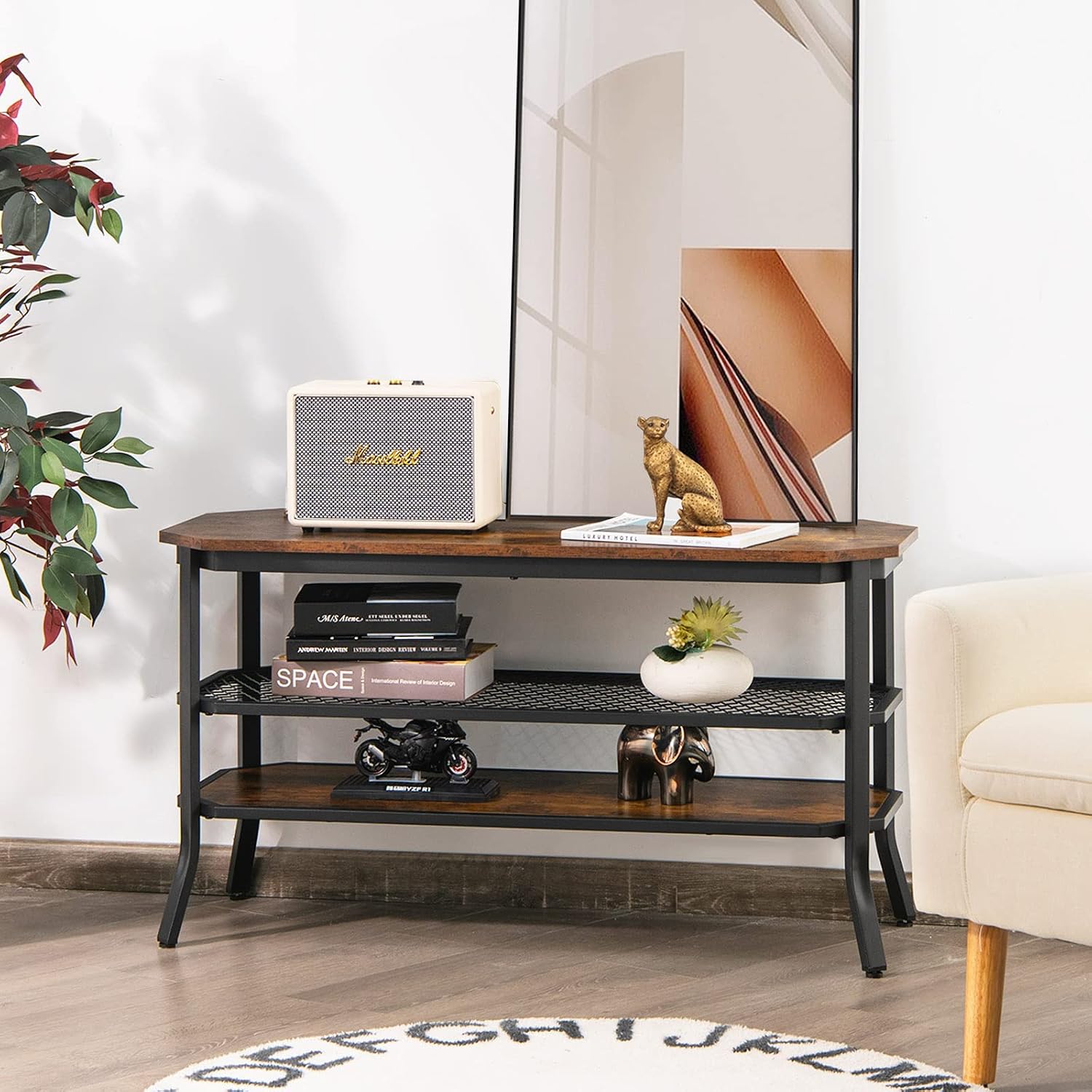 Tangkula TV Stand for TVs up to 46 Inch, 3-Tier Industrial Wooden Console Table with Mesh Grid Storage Shelf, Metal Frame, Rustic Entertainment Center for Living Room (Rustic Brown)
