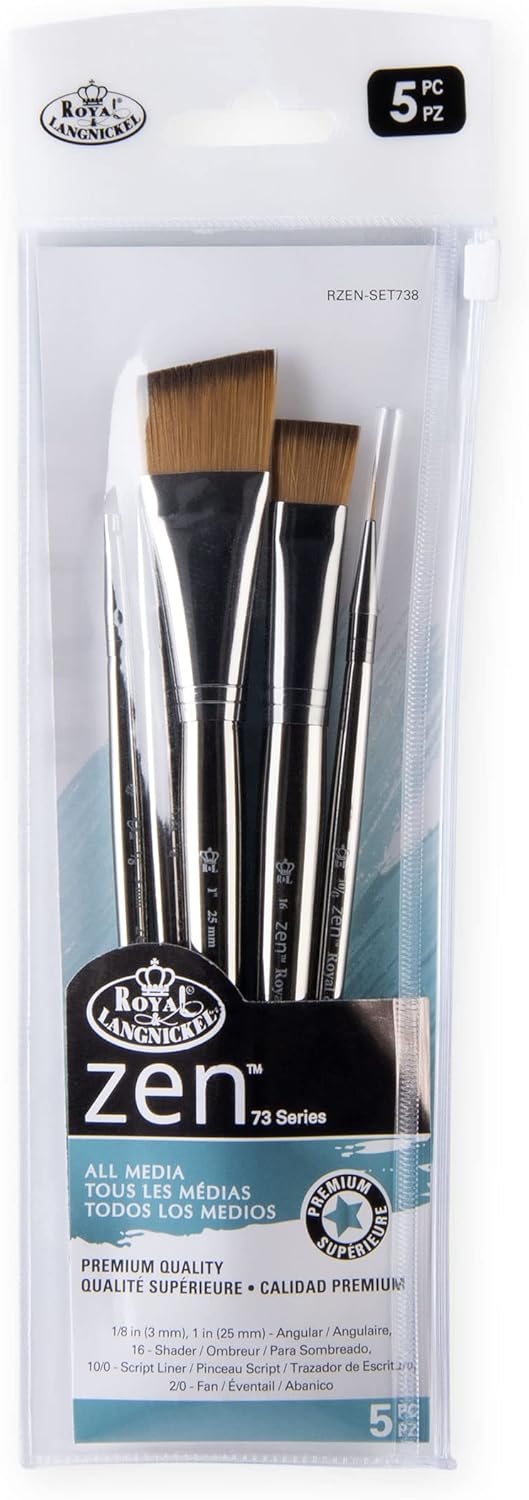 Royal & Langnickel Zen 5pc Standard Handle Brush Set, Includes - Angular, Shader, Script Liner & Fan Brushes Gold
