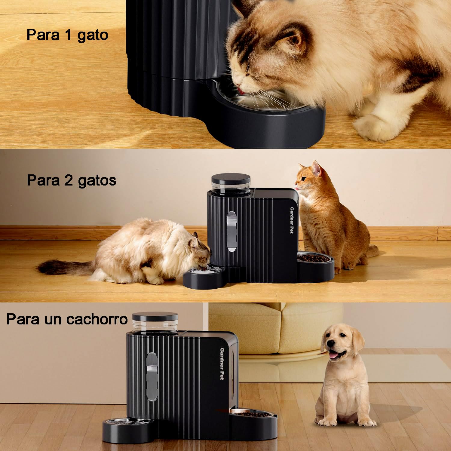 Gardner Pet 2 en 1 Comedero Gato Automatico (3L*2), Dispensador Comida y Agua, Bebedero Perro con Bol Acero Inoxidable, Dispensador Comida Gatos Gravedad,Sin BPA,No Eléctrico-Negro