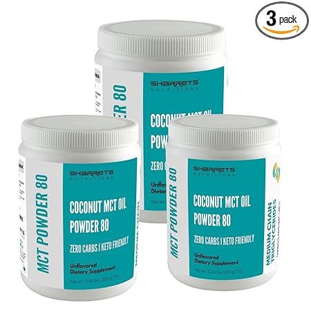 Sharrets Coconut MCT Oil Powder 80, Zero Carbs, Unflavored, No Palm No Maltodextrin 200g x 3