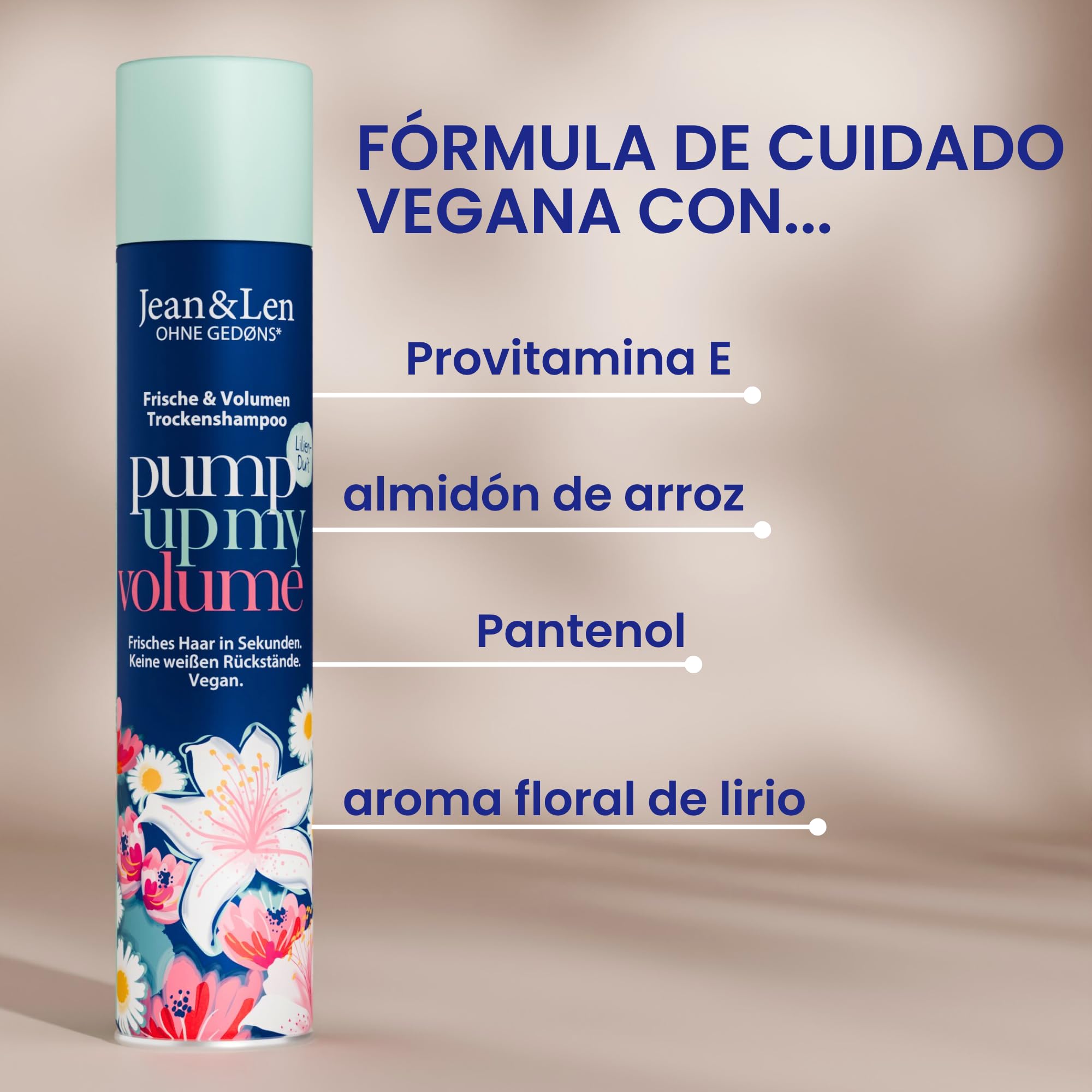 Jean & Len champú en seco frescor y volumen, sin raíces grasas, sin restos blancos, aroma floral y fresco a lirio, para cabello fino sin volumen, sin parabenos ni siliconas, vegano, 200 ml
