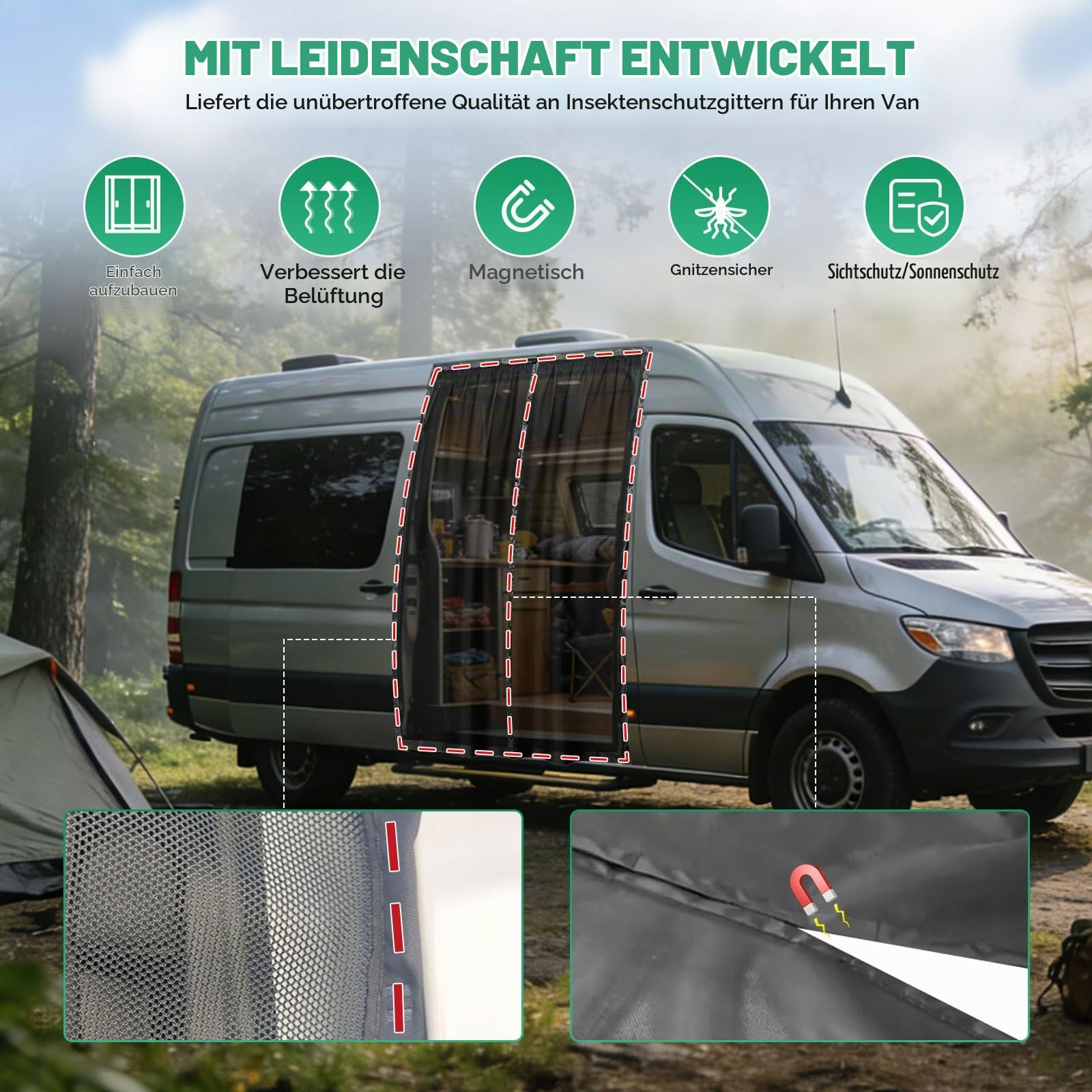 CDIYTOOL Moskitonetz Magnetisch für Mercedes-Benz Sprinter Hochdach, 210 x 150 cm Magnetische Schiebetür Insektenschutznetze, Insektenschutz Belüftung, Sonnenschutz, Moskitonetz für Camping