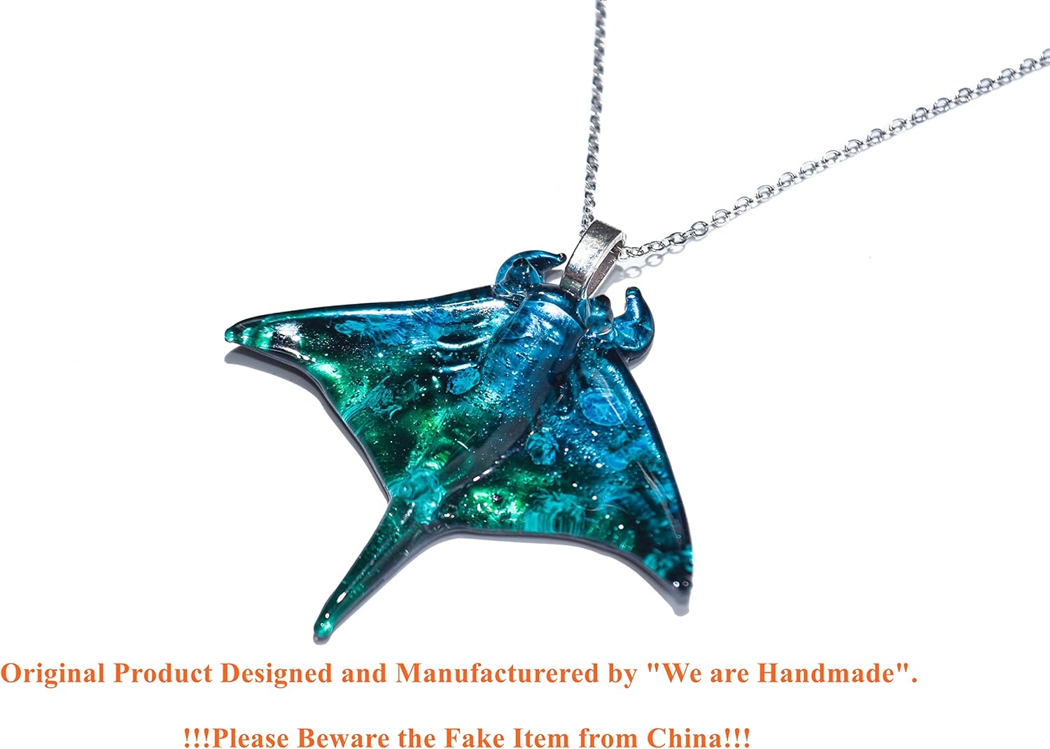 Handmade Blown Glass Ocean Blue Manta Ray Stingray Unique Pendant Necklace, Sea Animal Figurine, Cute Jewelry, Gift Ideas for Women and Men - Image 2