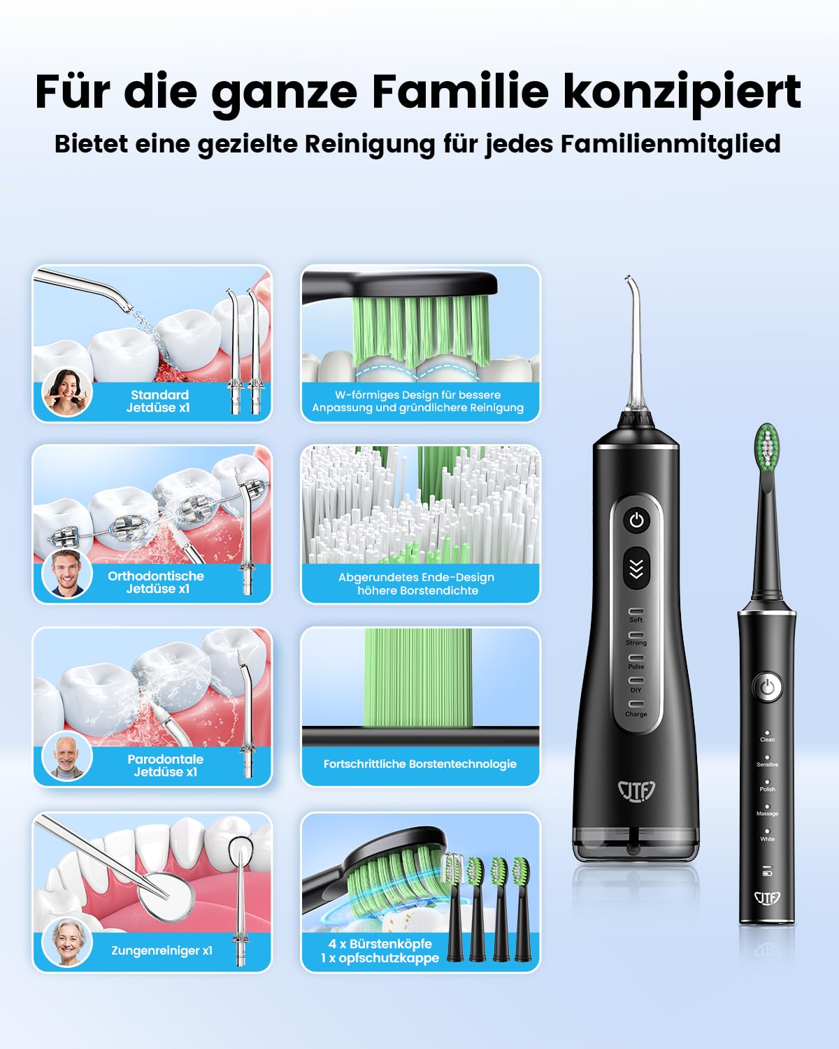 JTF Brosse à Dents Électrique et Hydropulseur Jet Dentaire 2-en-1 – Kit d’Hygiène Buccale Portable Nettoyage Efficace et Doux, Plusieurs Modes pour Appareils Dentaires et Gencives Sensibles, Sans Fil