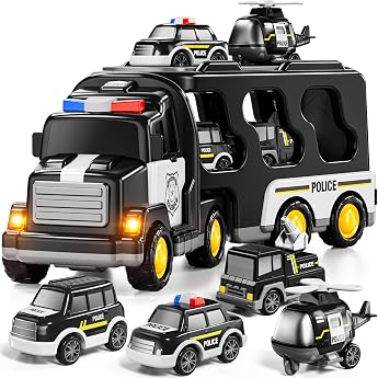 JUKUDAHU Boys Police Truck Toy Set 3-9 Years Transport vehicle with 3 small cars 1 helicopter friction-driven for 3-9 years