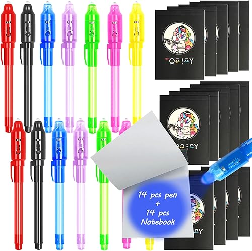 CQACQ 14 bolígrafos de tinta invisible con luz UV para niños, juego de 14 mini cuadernos y bolígrafos de tinta invisible con luz UV para niños,