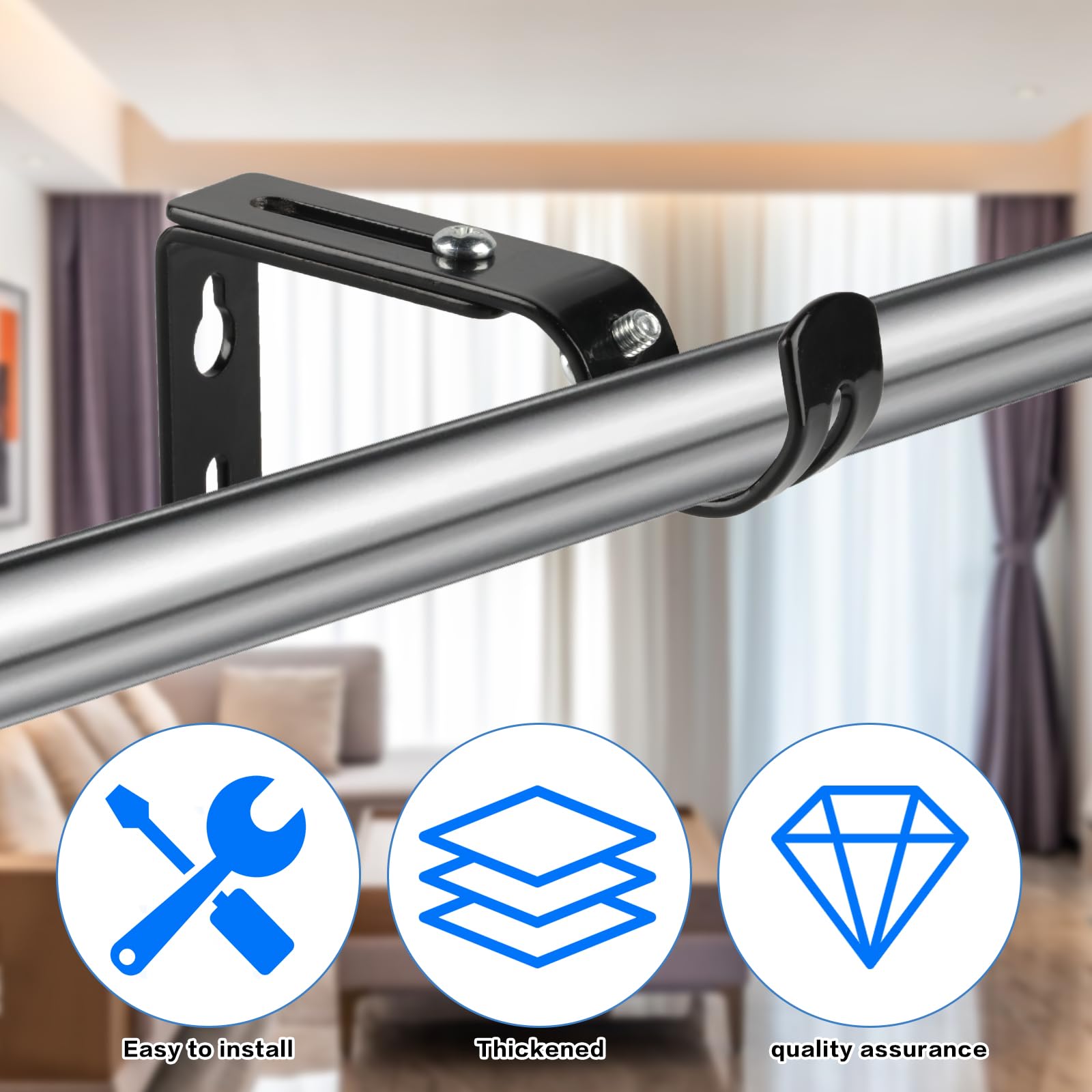 4 Heavy Duty Curtain Pole Holders, Adjustable for 25mm Poles, Black Metal Wall Rod Brackets, 4pcs Black, less than or equal to 25 mm - Image 3