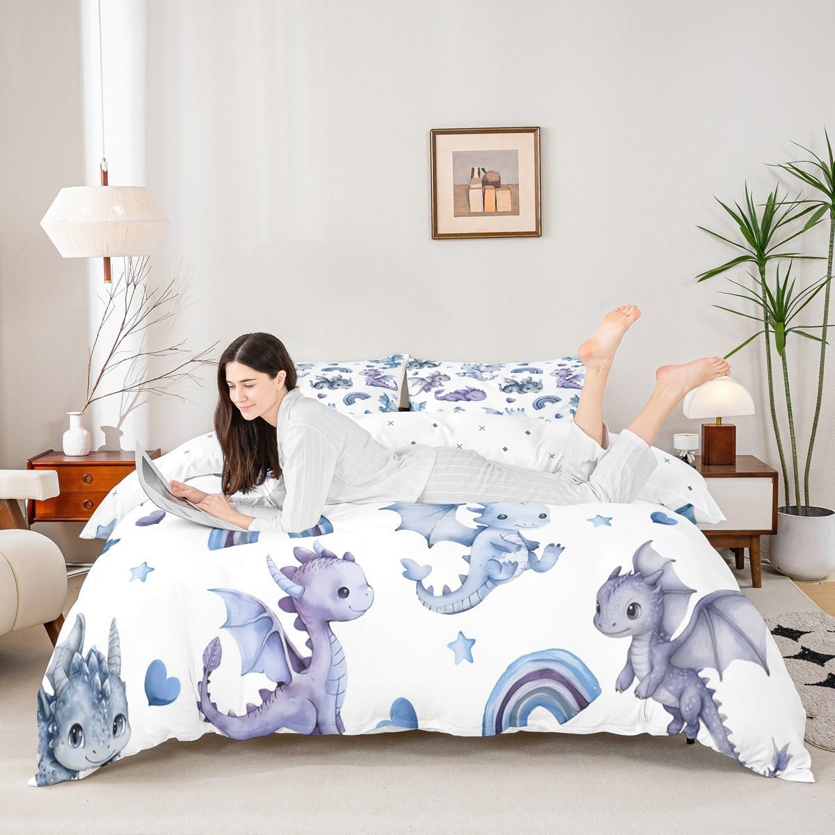 jejeloiu Cute Dragon Duvet Cover Toddler Size Kids Rainbow Blue Bedding Set for Boys Girls Fairy Tale Theme Duvet Cover Soft Lightweight Microfiber Room Decor（No Stuffing）