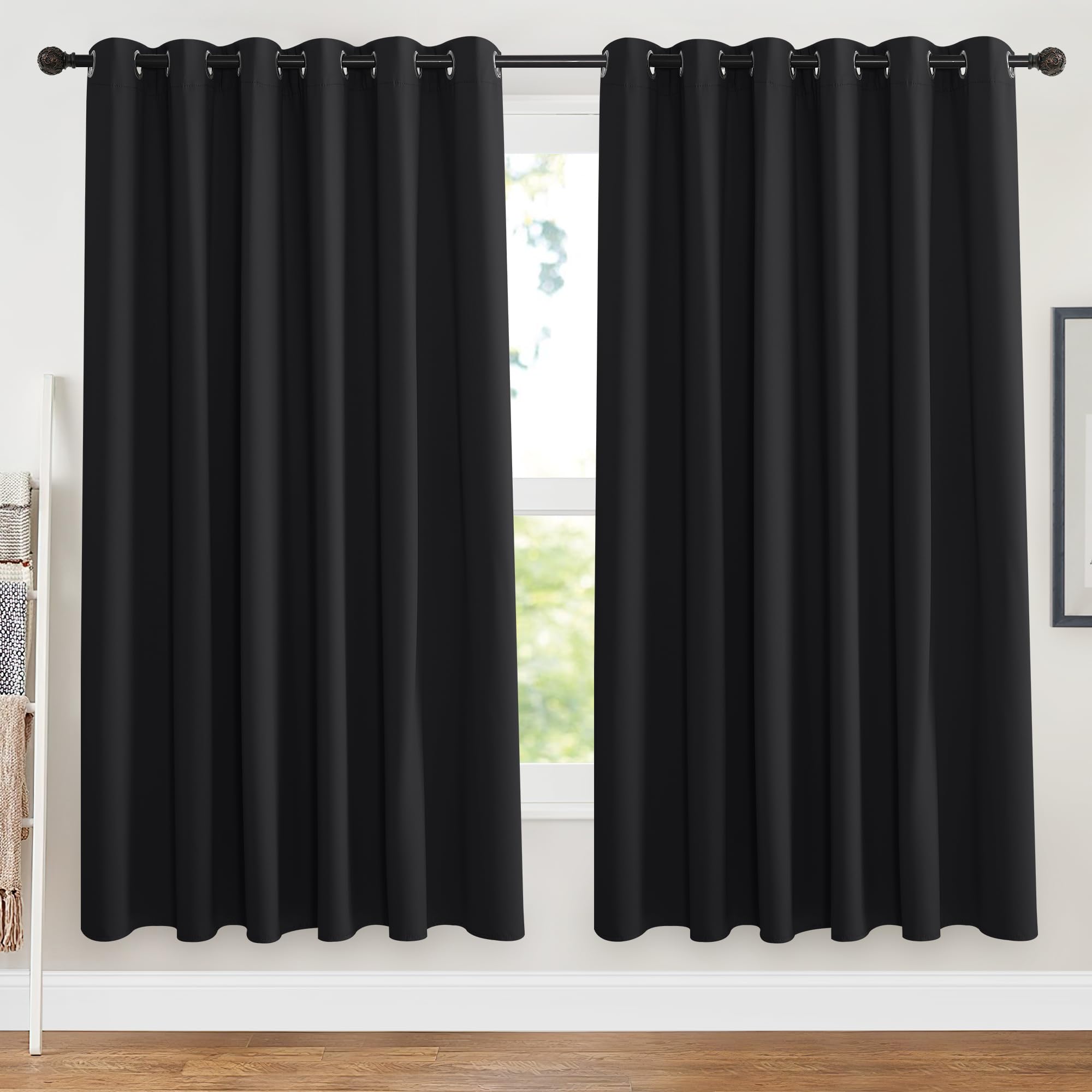 PONY DANCE Thermal Blackout Curtains 90x72 for Bedroom Black Out Curtains Eyelet Extra Wide Drapes for Bedroom/Living Room Window Treatment, W90 X L72, 2 Panels, Black