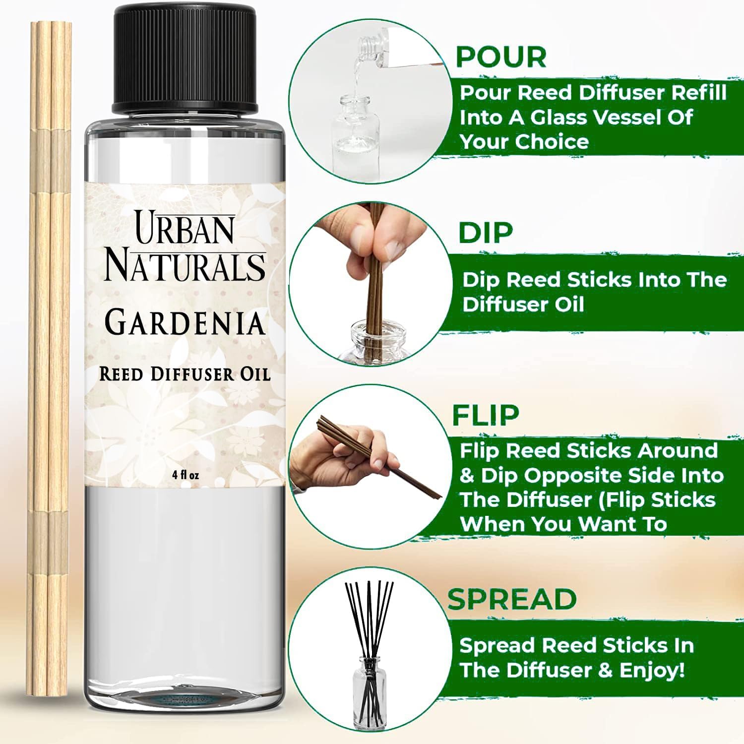 Urban Naturals Gardenia Scented Oil Reed Diffuser Refill | Includes a Free Set of Reed Sticks! Jasmine, Ylang Ylang, Tuberose & Amber Notes, 4 oz (2 Pack) - Image 4