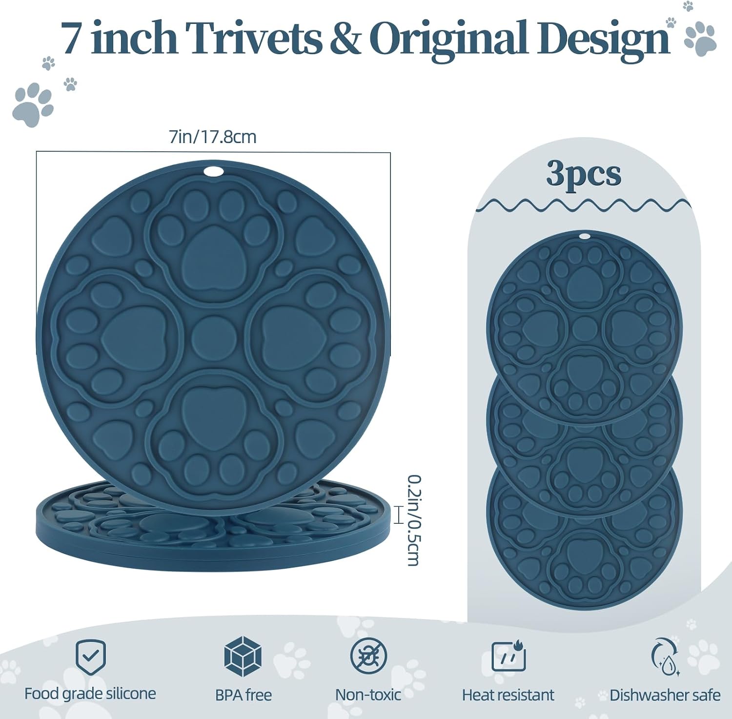7 Inch Silicone Trivets Mat for Hot Dishes Set of 3, Hot Pots and Pans, Pot Holder, Hot Pad to Portect Your Table and Countertop, Kitchen Decor and Accessories - Blue