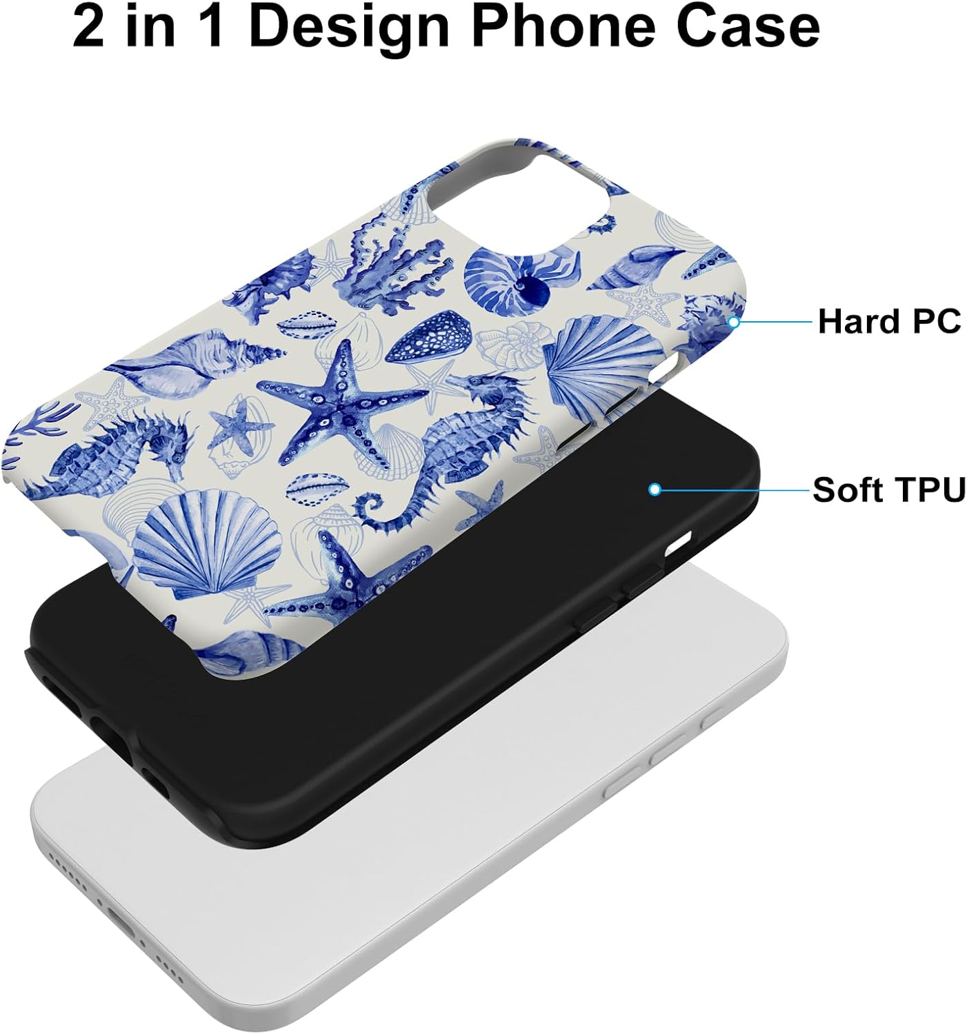 MZELQ Magnetic for iPhone 15 Case 6.1 Inch, Blue Seashell Ocean Pattern [Compatible with Magsafe Charging] 2 in 1 Matte Shockproof Protection Hard Phone Cover for Women Men