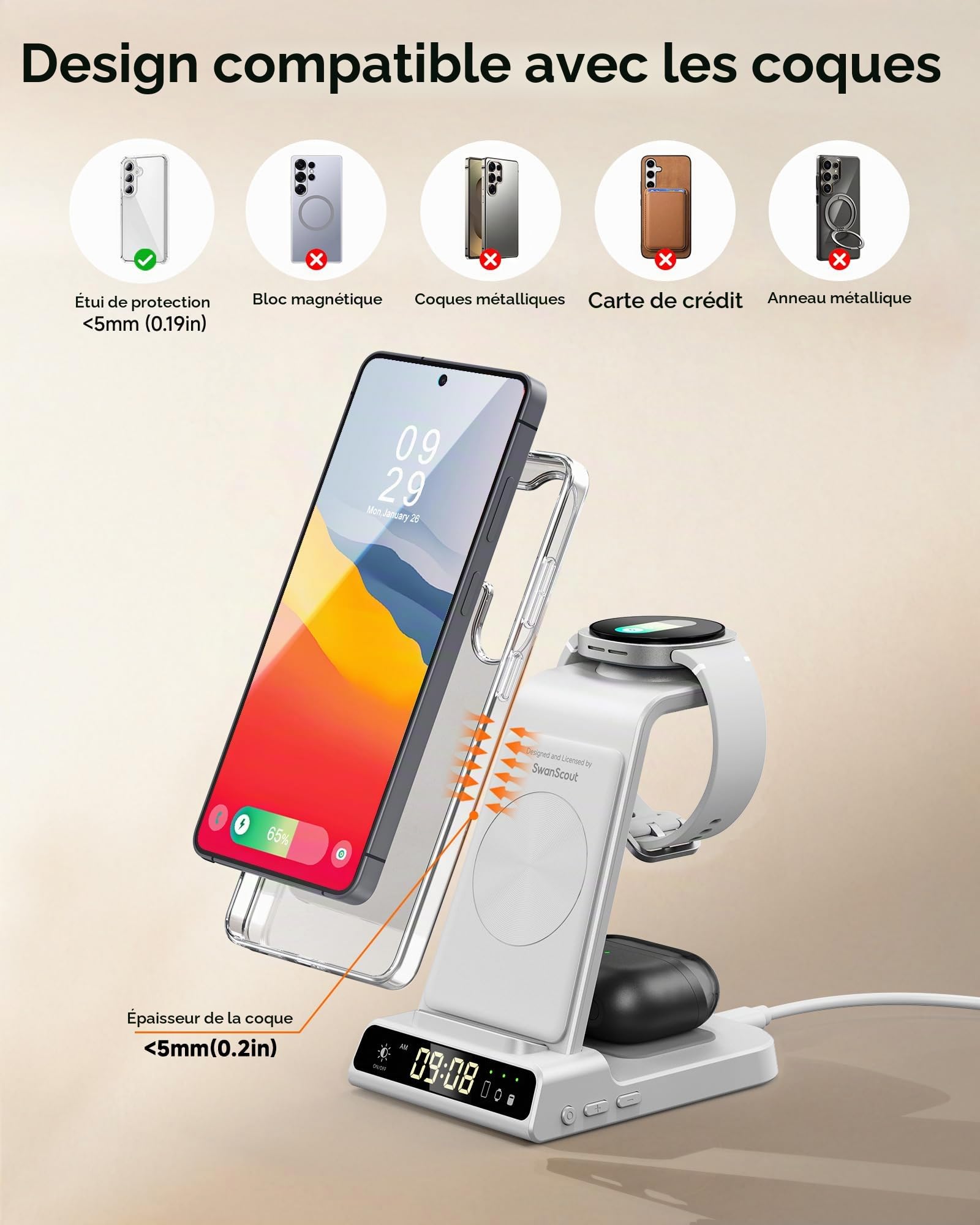 Chargeur Induction pour Samsung S26 Ultra/S26+/S26/S25/S24/S23/Z Flip7, Station de Charge sans Fil 3 en 1 pour Galaxy Watch 8/8 Classic/Ultra/7/6/5 Pro, Galaxy Buds4 Pro/4/3 (sans Adaptateur)