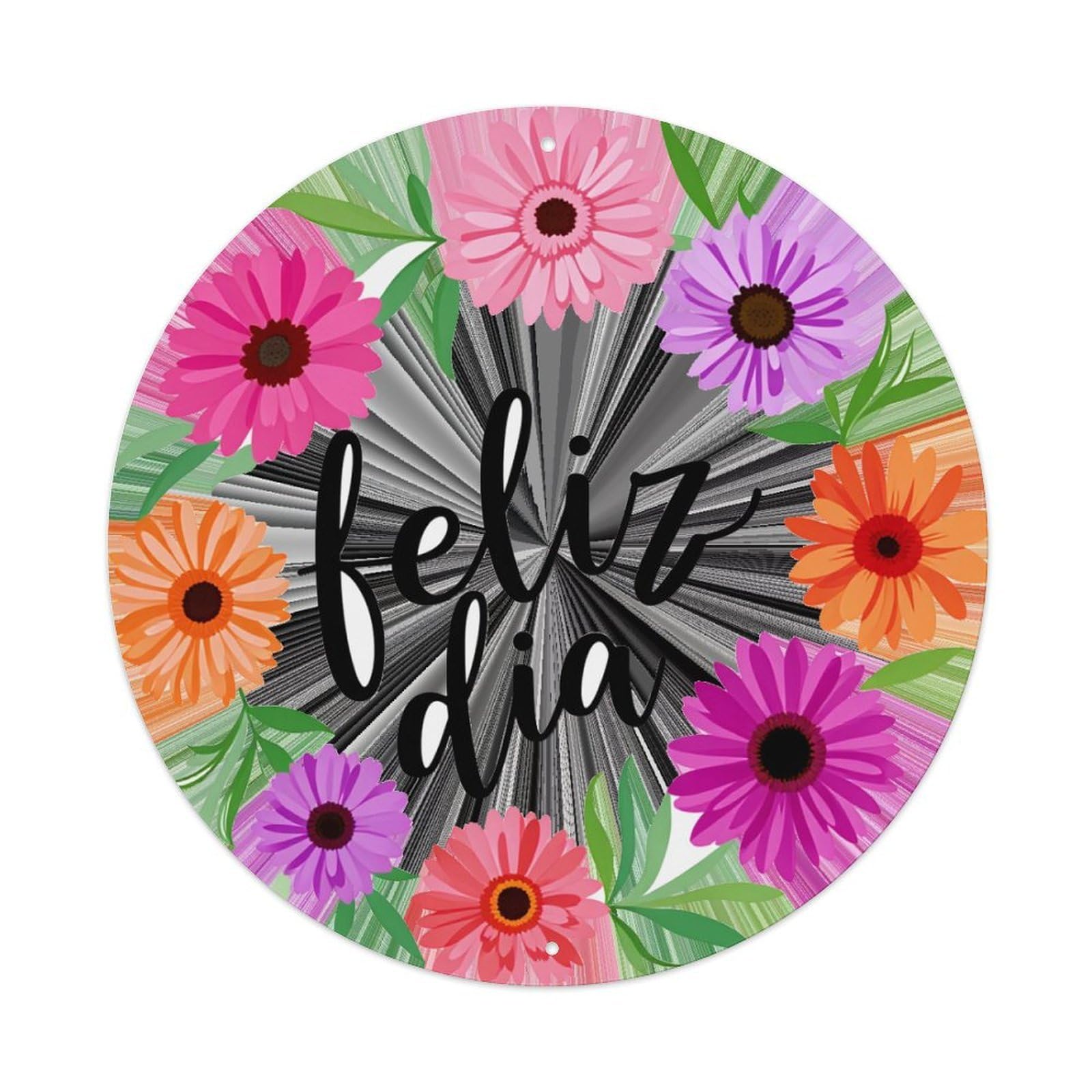 Floral Wreath With Colorful Daisies Round Tin Sign Retro Metal Sign for Cafe Bar Pub Home Game Room Gym Club Wall Decoration Vintage Metal Poster 8x8 Inch