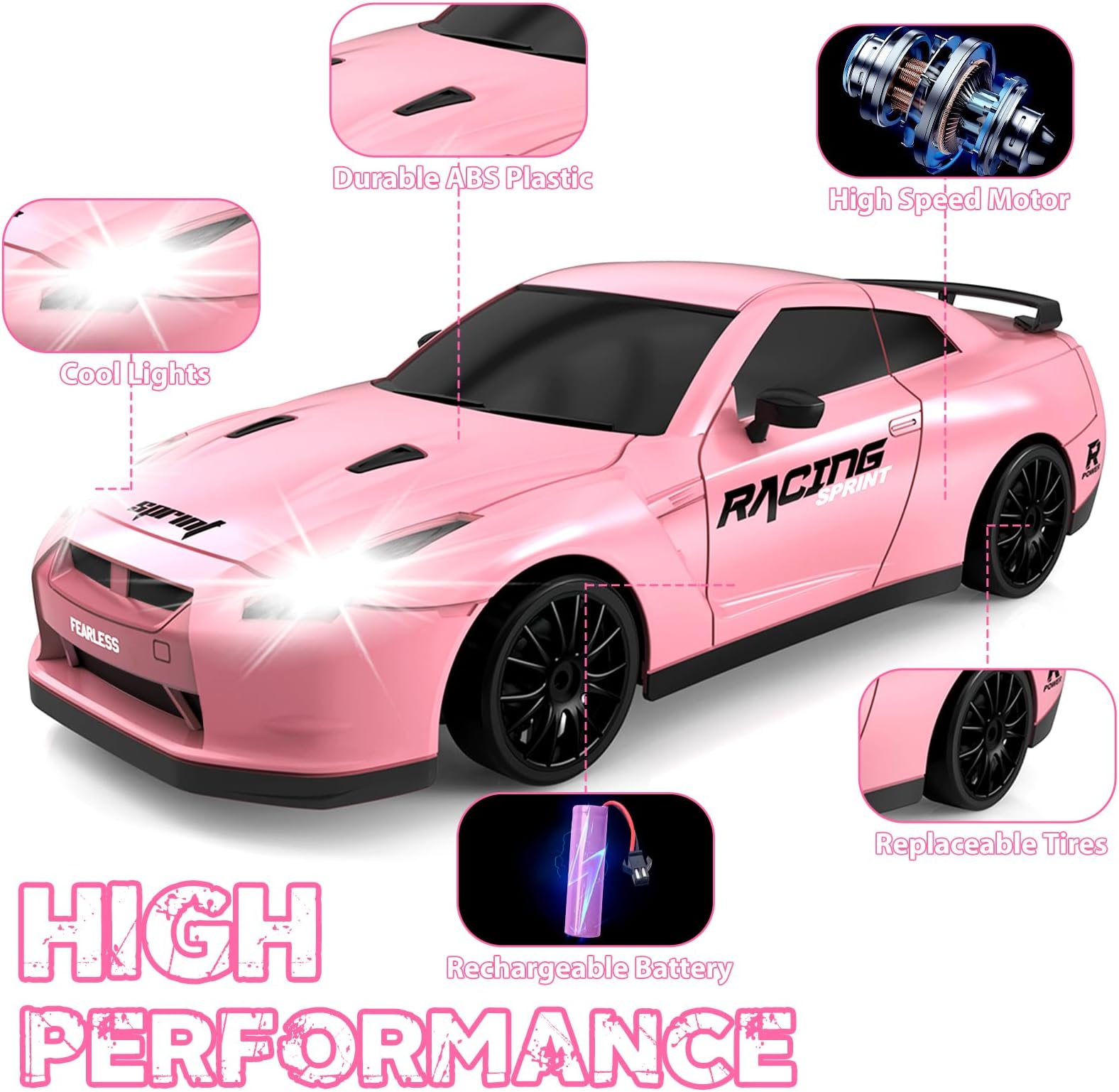 YUAN PLAN RC Drift Car, 1/24 Pink Remote Control Car for Girls, 2.4GHz 4WD High Speed Drifting RC Cars with LED Light and Drift Tires, Racing Toy Cars for Kids Adults Girl Boys, Pink