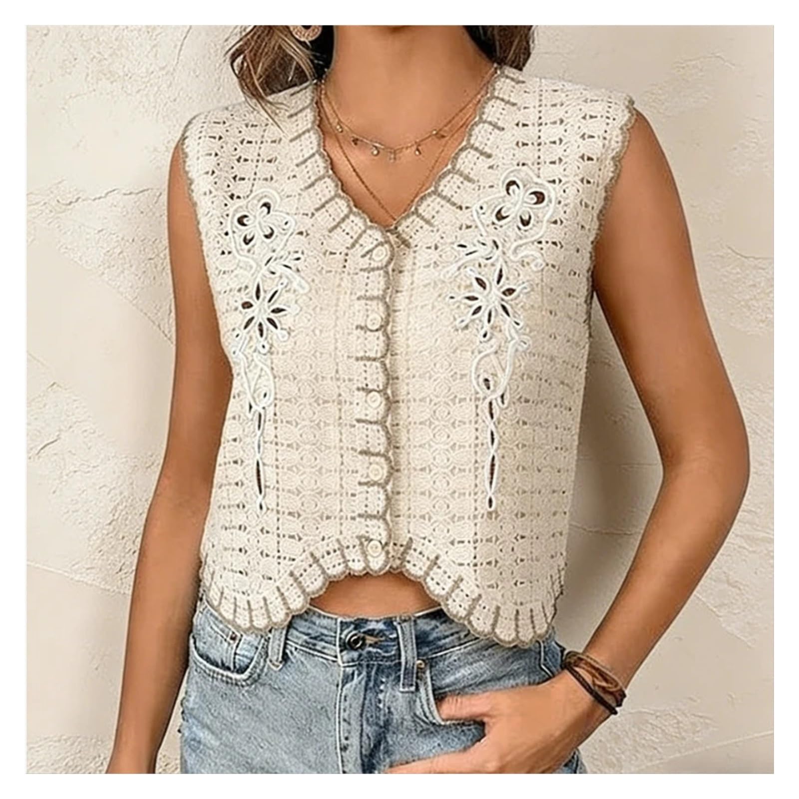 Top sin Mangas con Botones y Bordado Floral de Crochet for Mujer