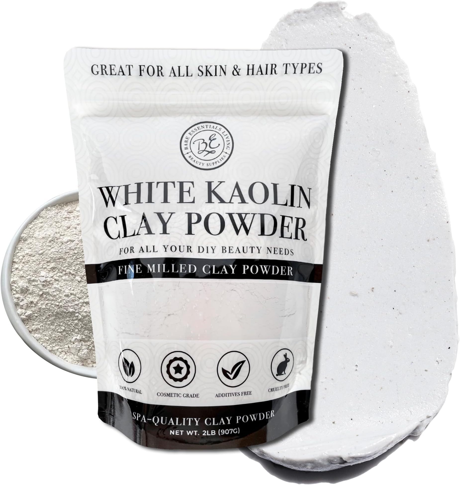 Bare Essentials Living - White Kaolin Clay Powder (2 lb) 100% Natural White Powdered Clay for Seed Bombs, White Clay Mask, DIY Spa, Soap, Bath Bomb, Deodorant, Can be Used as Kaolin Clay for Gardening