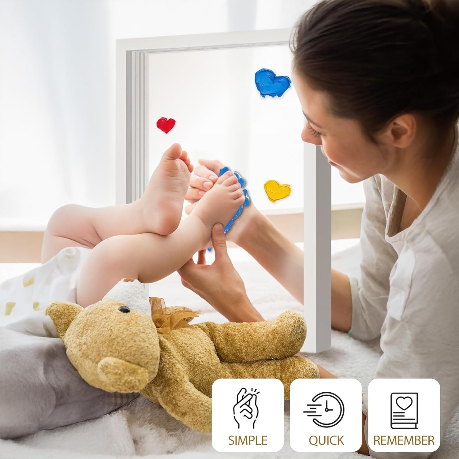 OurWarm Family Handprint Kit for 4, DIY Baby Handprint Set Keepsake Gifts with 50 PC Stickers & 12 Paints, Baby Footprint Kit Wooden Frame for New Parents Anniversary Newborn Adoption Day Gifts