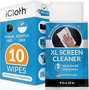 iCloth XL Screen Cleaning Wipes, Lint-Free and Streak-Free, Fast-Drying, Removes Dust, Fingerprints, and Smudges (10 Wipes)