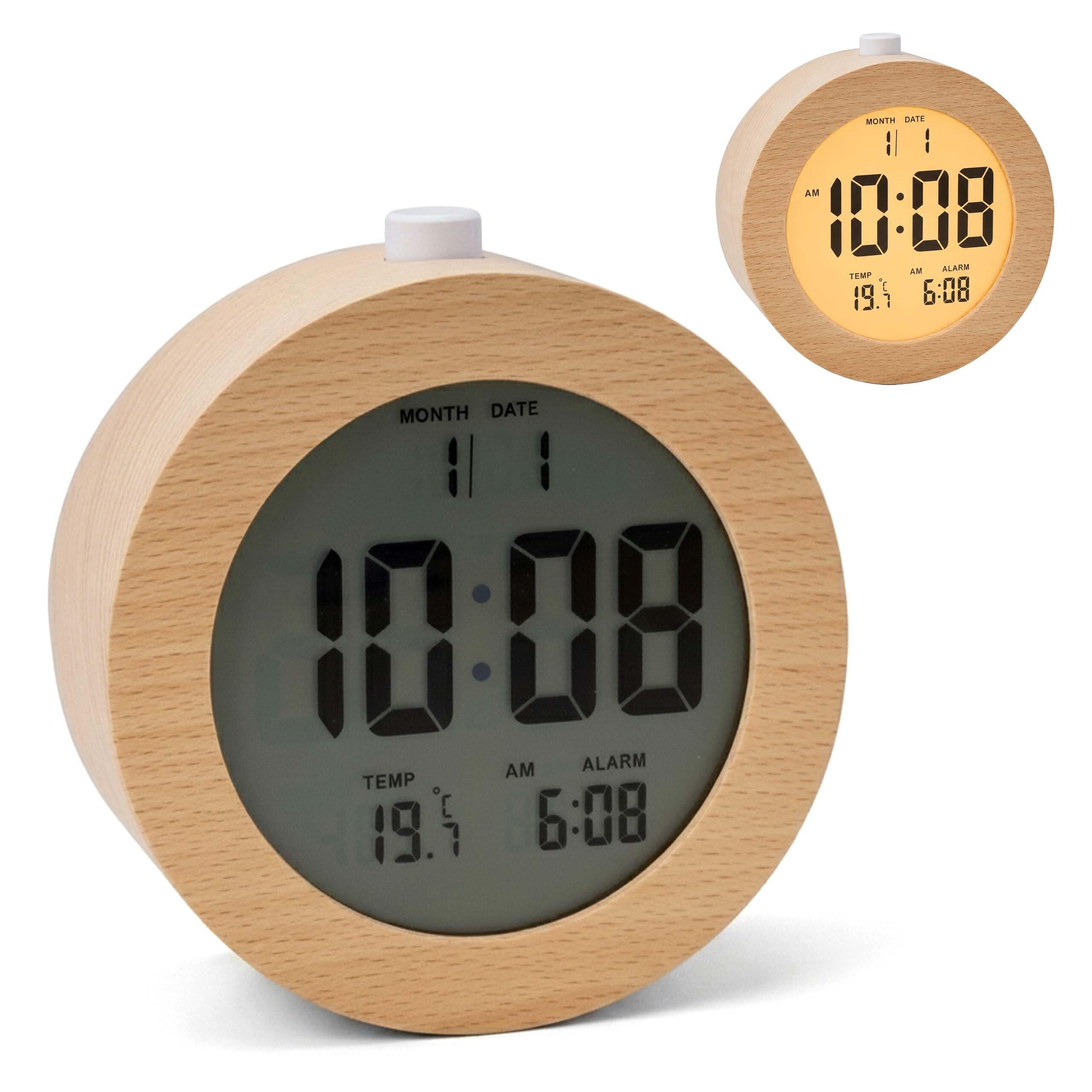 Relaxdays Despertador Digital de Madera con indicador de Fecha y Temperatura, función de repetición, luz, Reloj Despertador Digital Redondo, Color Natural