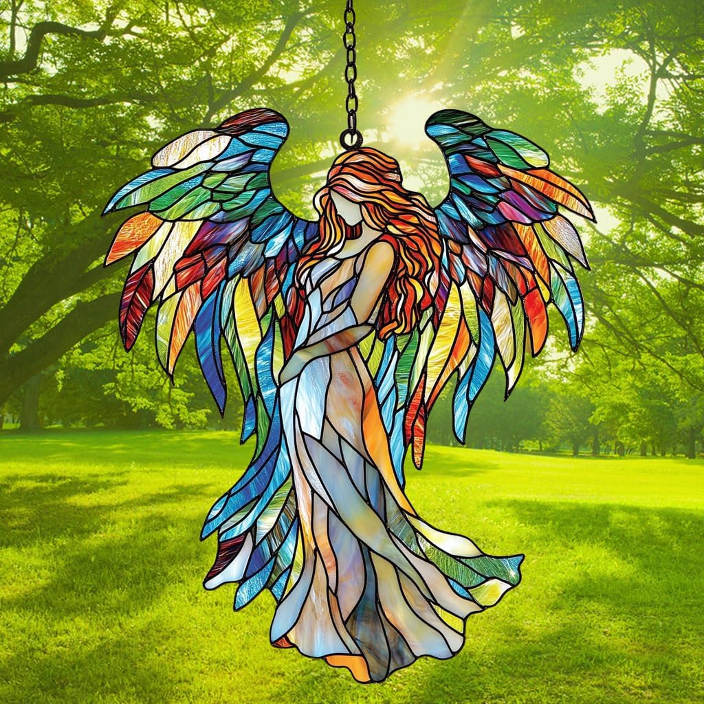 Rainbow Wing Angel Acrylic Suncatcher Stained Glass Effect Window Car Hanging Christmas Ornament Indoor Outdoor Decor Garden Sun Catcher Panel for Angel Lover for Women Mom Grandma