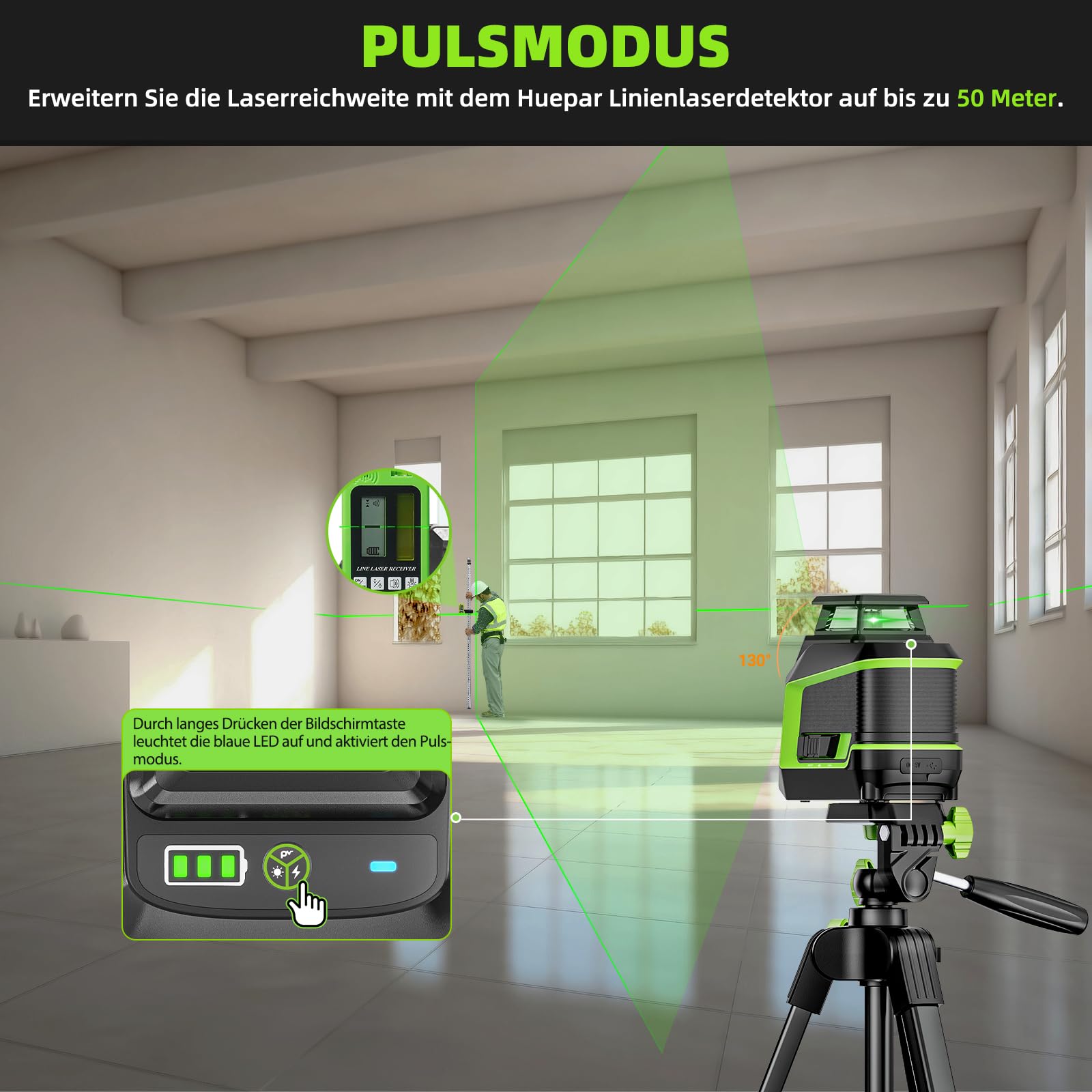 Huepar 360° Laser Wasserwaage mit 152 cm Stativ, Kreuzlinienlaser grün mit Pulsmodus, 3 Helligkeitsstufen, Selbstnivellierend, wiederaufladbarem Li-Ionen-Akku für Heimwerkerprojekte im Innenbereich