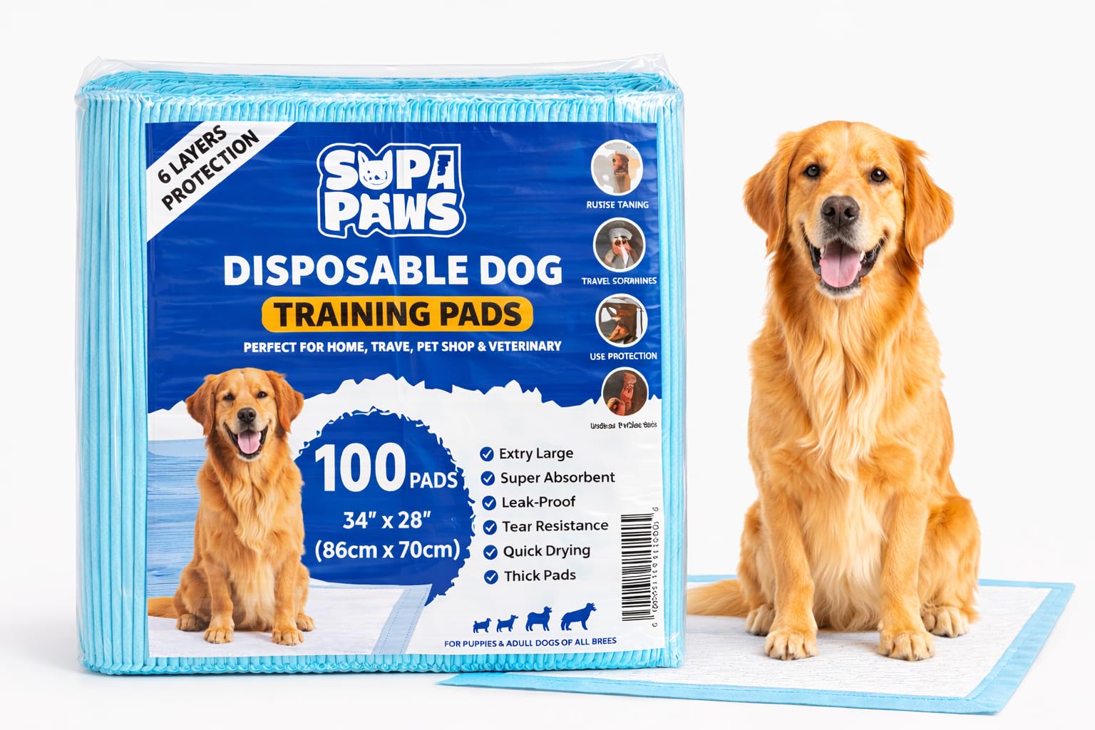 Supa Paws Blue Pack Of 100 Large Dog Pee Pads 86 X 70Cm 6 Layers Puppy Potty Training Pads For Dogs Super Absorbent Leak Proof Quick Dry Disposable Pads For Puppies Waterproof Odour Control Floor Protection Dog Pads