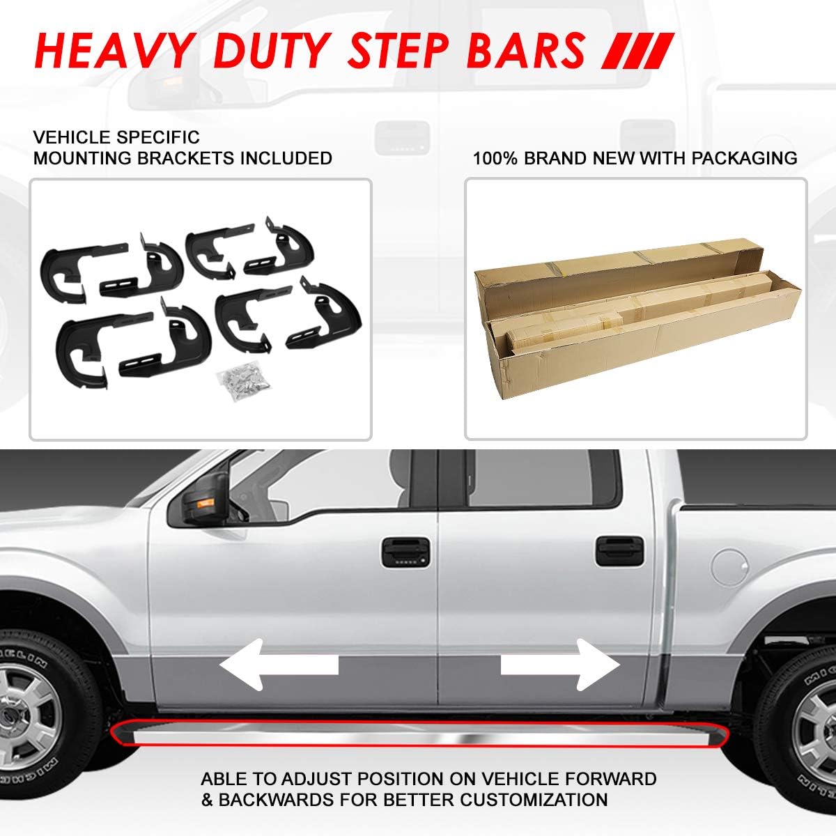 Auto Dynasty Pleated Running Boards Compatible with 2004-2014 Ford F-150 Super Crew Cab, Stainless Steel Side Step Nerf Bars, 6 Inches Step Bars, Polished Chrome