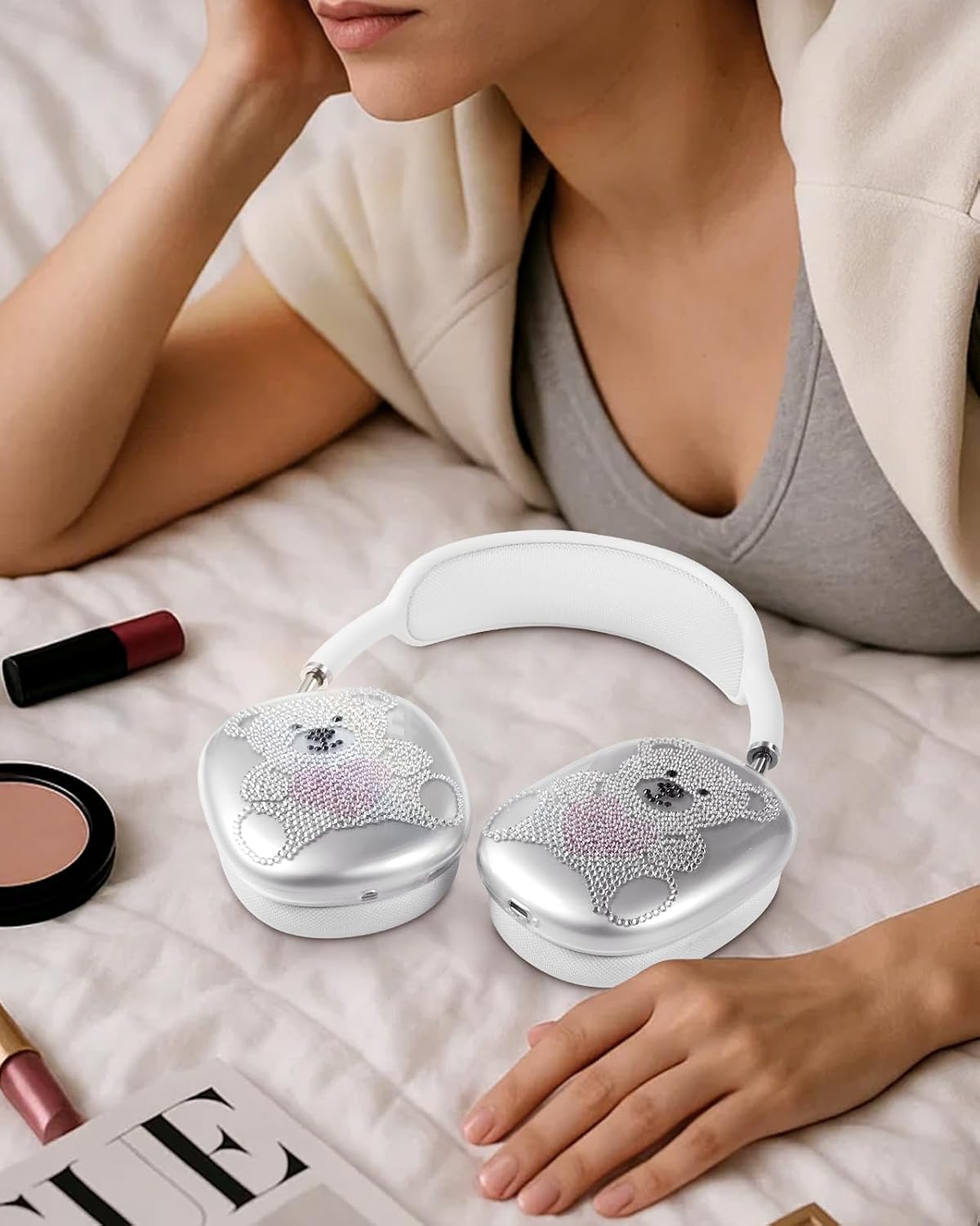 Joyleop for Airpods Max Headphone Case - Durable Soft TPU Protective Cover (Anti-Scratch,Anti-Fingerprint) for AirPods Max Cover,Clear Bling Headphones Case with Sticky Rhinestones for Women,Bear image 4