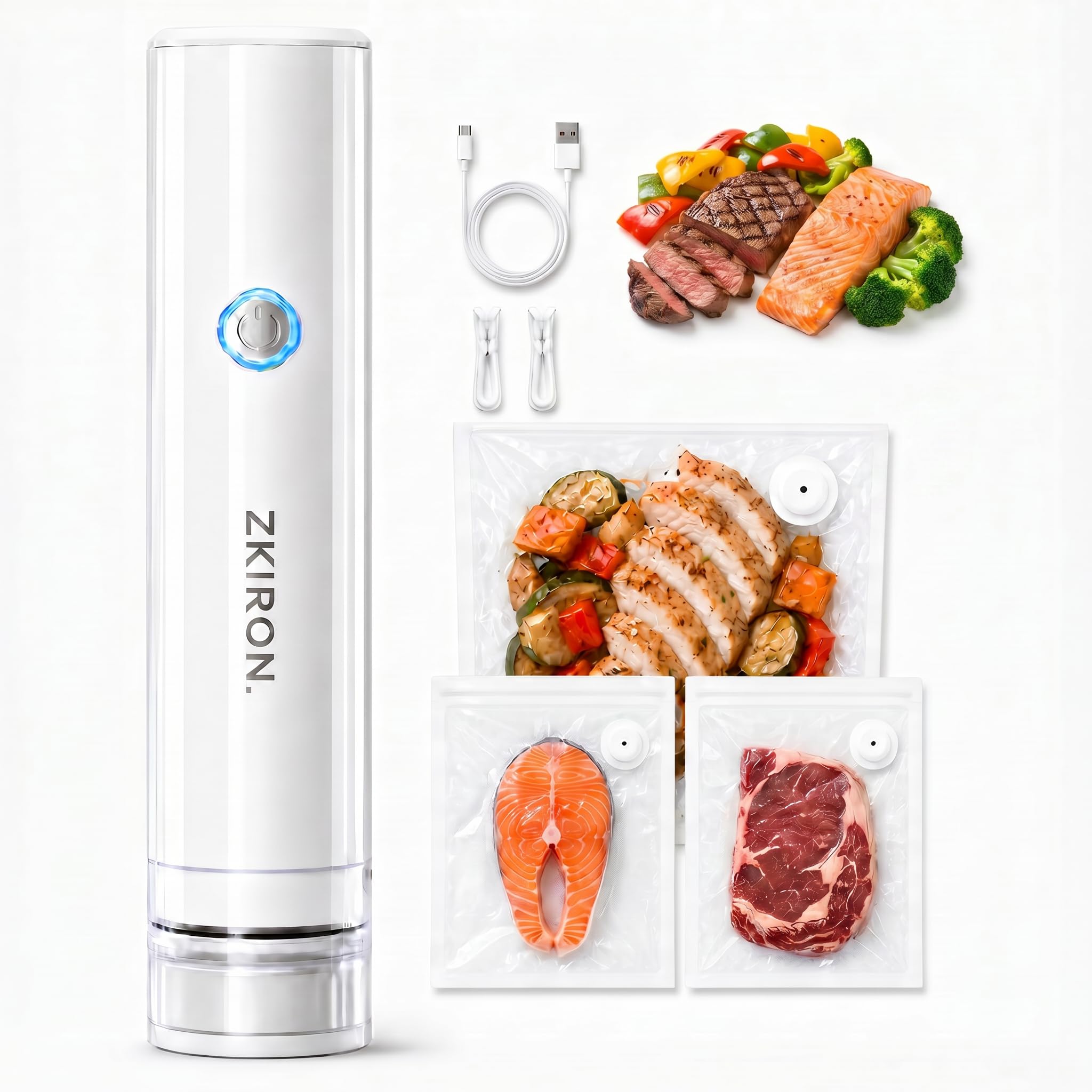 ZKIRON Sigillatrice sottovuoto portatile portatile, ricaricabile, con 25 sacchetti aggiornati, design compatto, potente aspirazione per la preparazione dei pasti, per la conservazione di cibo e cucina