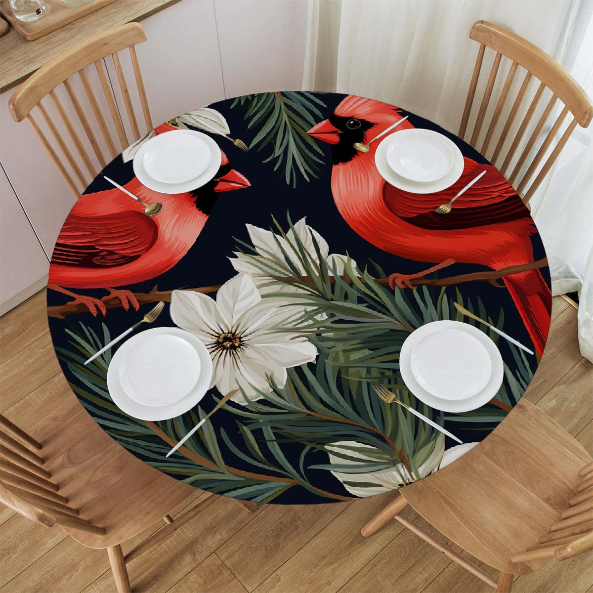 Mexpekil Round Tablecloths, Winter Red Bird Floral Elastic Edged Round Table Cover, Wipeable Oil-Resistant Outdoor Table Cloth for Kitchen Dining Tabletop, 40-44 Inch in Diameter