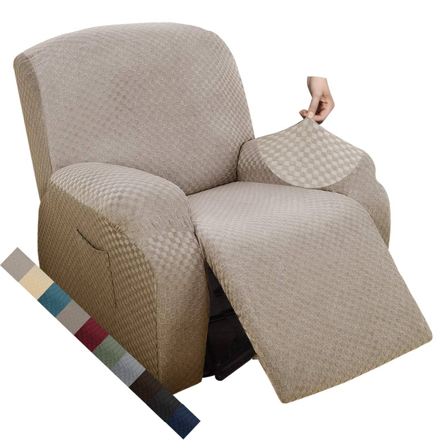 MAXIJIN Newest Recliner Slipcovers for Living Room 4 Pieces Stretch Jacquard Recliner Chair Cover Soft Fitted Recliner Protector with Elastic Bottom for Kids, Pets (Recliner, Khaki)